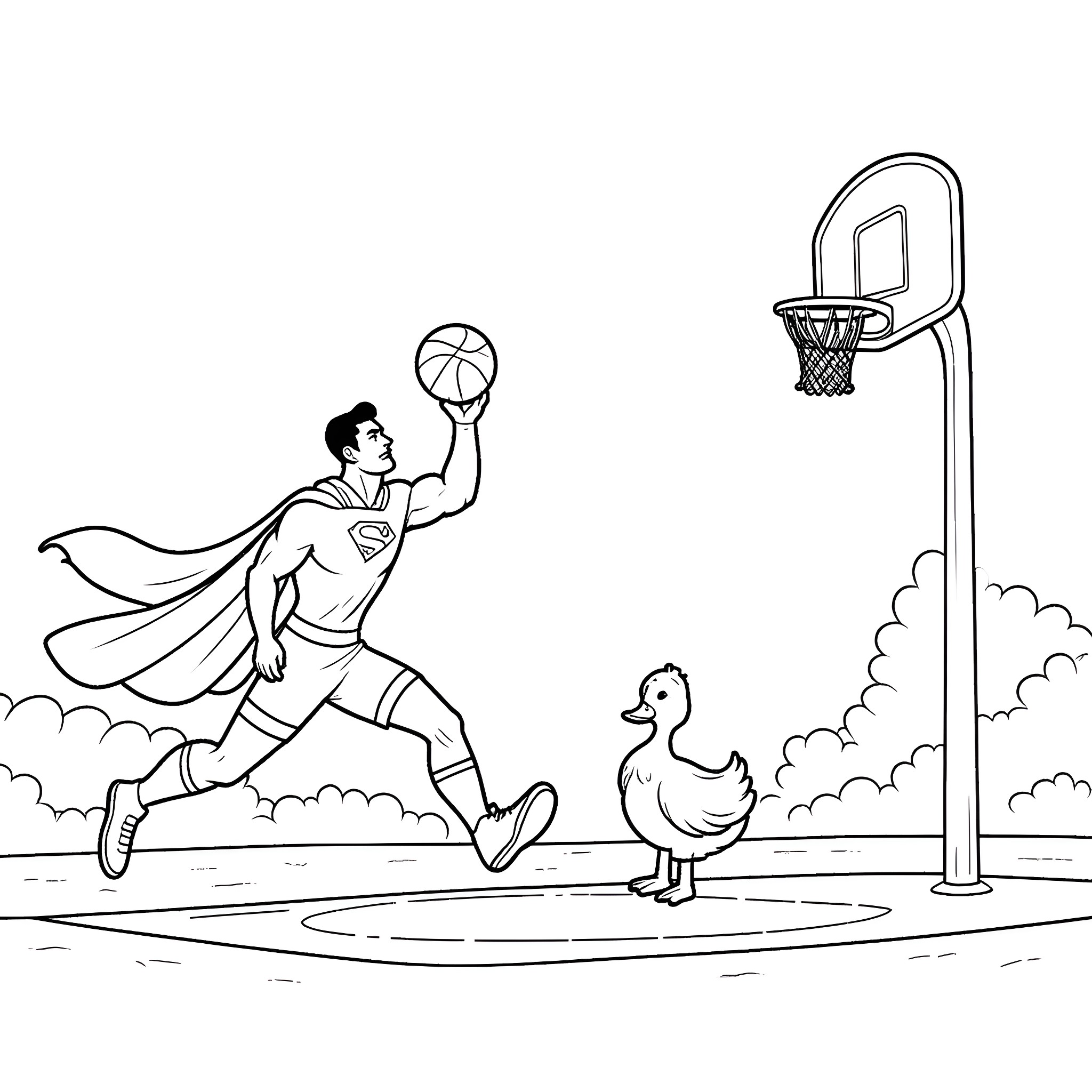 Superman playing basketball with a duck Coloring Page (free black-and-white line drawing printable PDF for all, from beginners to advanced learners, including children, teens, adults, and seniors)