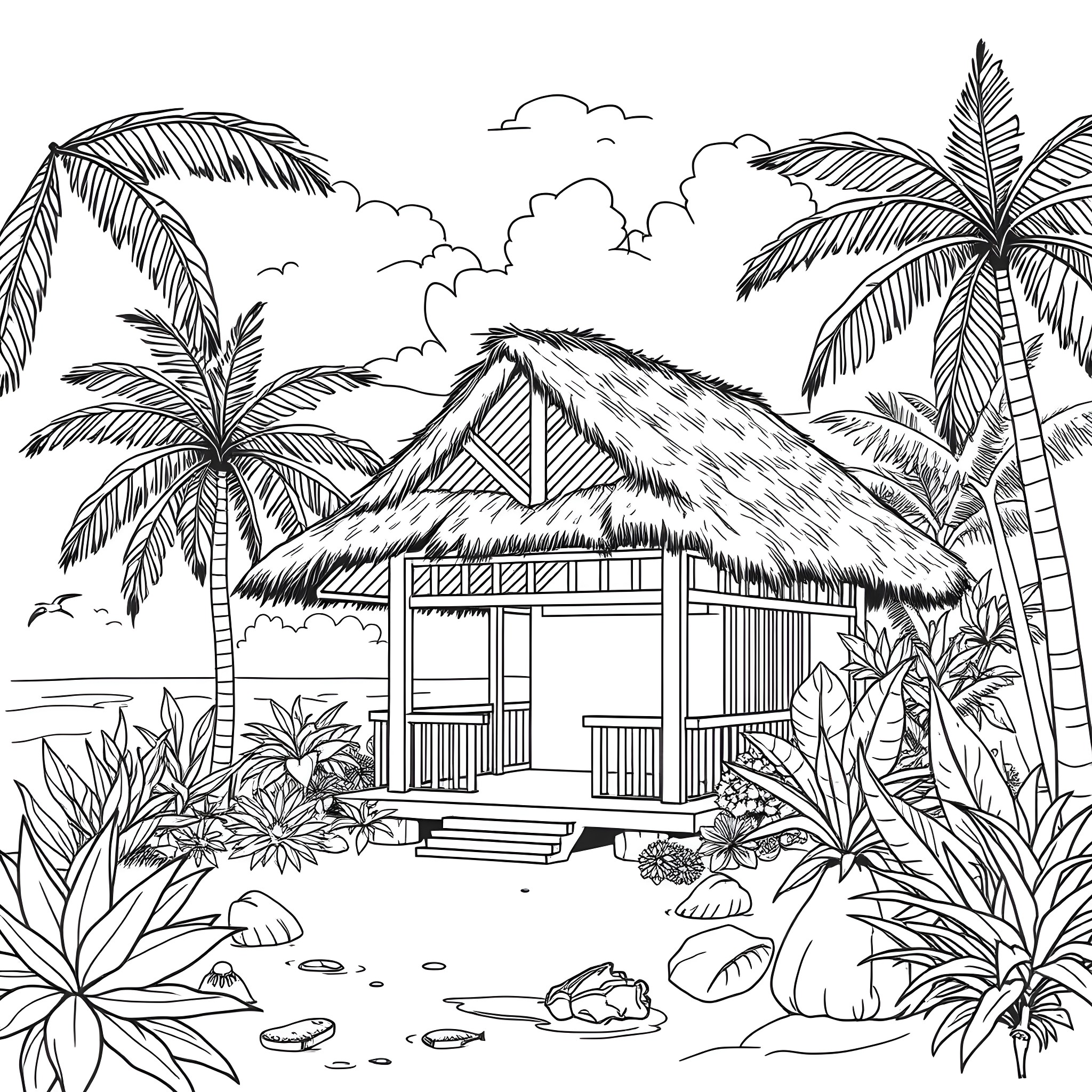 Hale Tropical Beach Oasis Scene Coloring Page (free black-and-white line drawing printable PDF for all, from beginners to advanced learners, including children, teens, adults, and seniors)