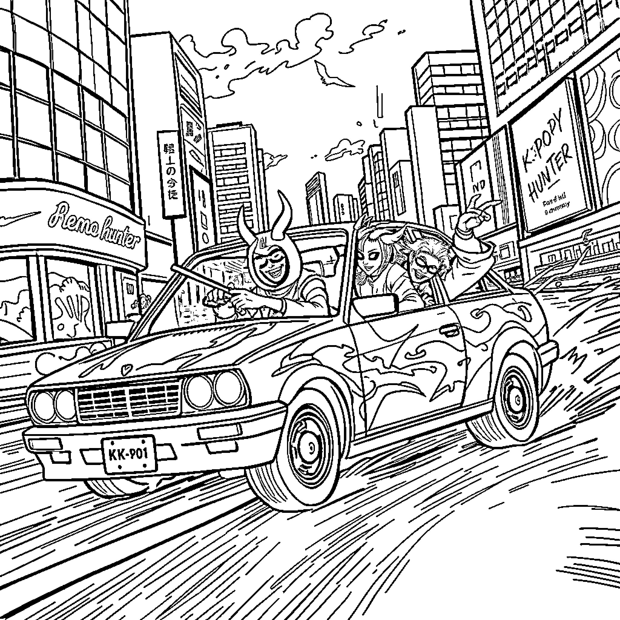 Demon Hunter on the Reckless Drive Through the City Coloring Page (free black-and-white line drawing printable PDF for all, from beginners to advanced learners, including children, teens, adults, and seniors)