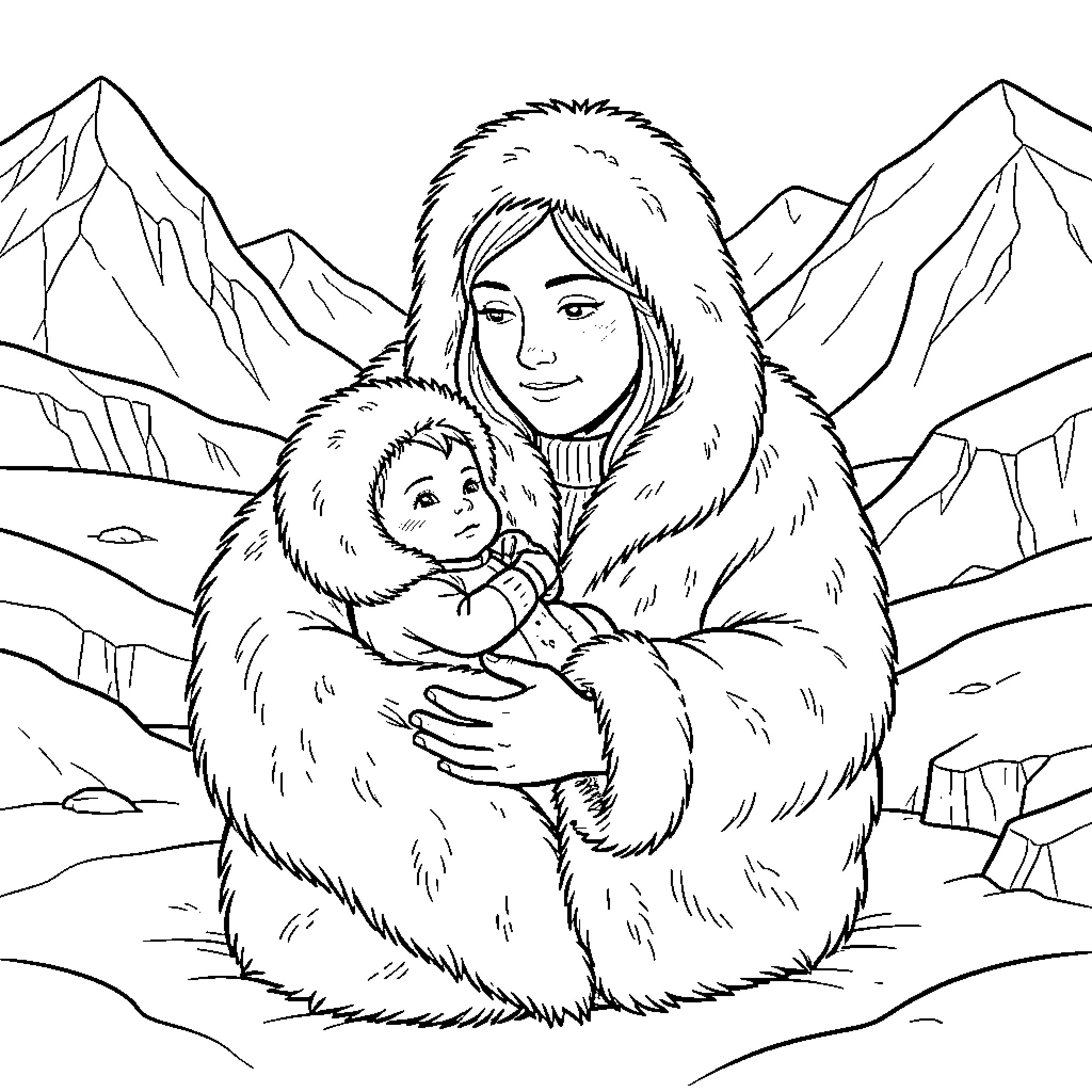 Inuit mother and child in winter landscape Coloring Page (free black-and-white line drawing printable PDF for all, from beginners to advanced learners, including children, teens, adults, and seniors)