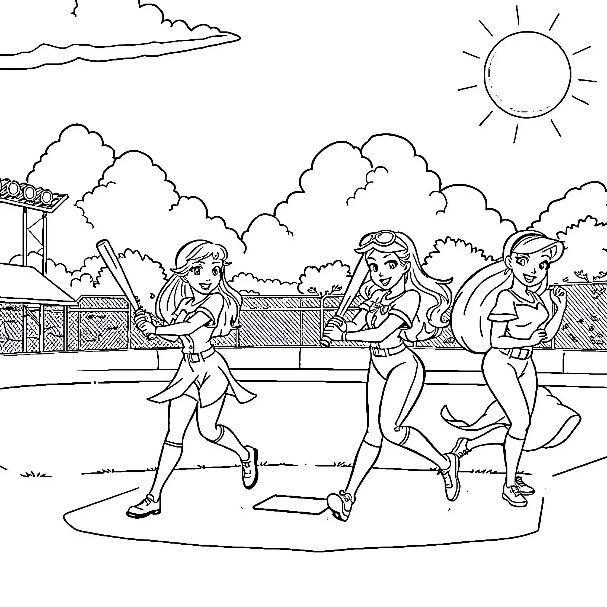 Disney Princesses Enjoying Outdoor Activities Coloring Page (free black-and-white line drawing printable PDF for all, from beginners to advanced learners, including children, teens, adults, and seniors)