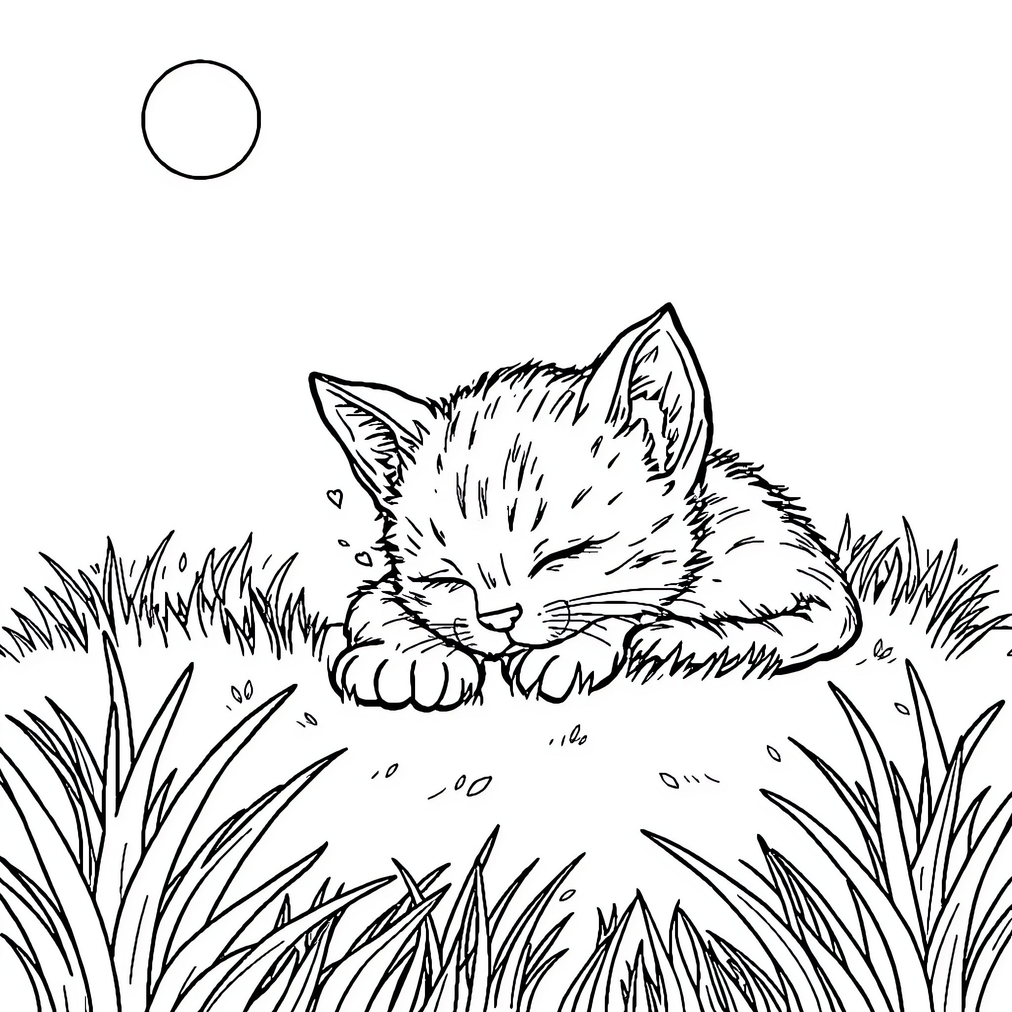 Kitten resting peacefully in the grassy field Coloring Page (free black-and-white line drawing printable PDF for all, from beginners to advanced learners, including children, teens, adults, and seniors)