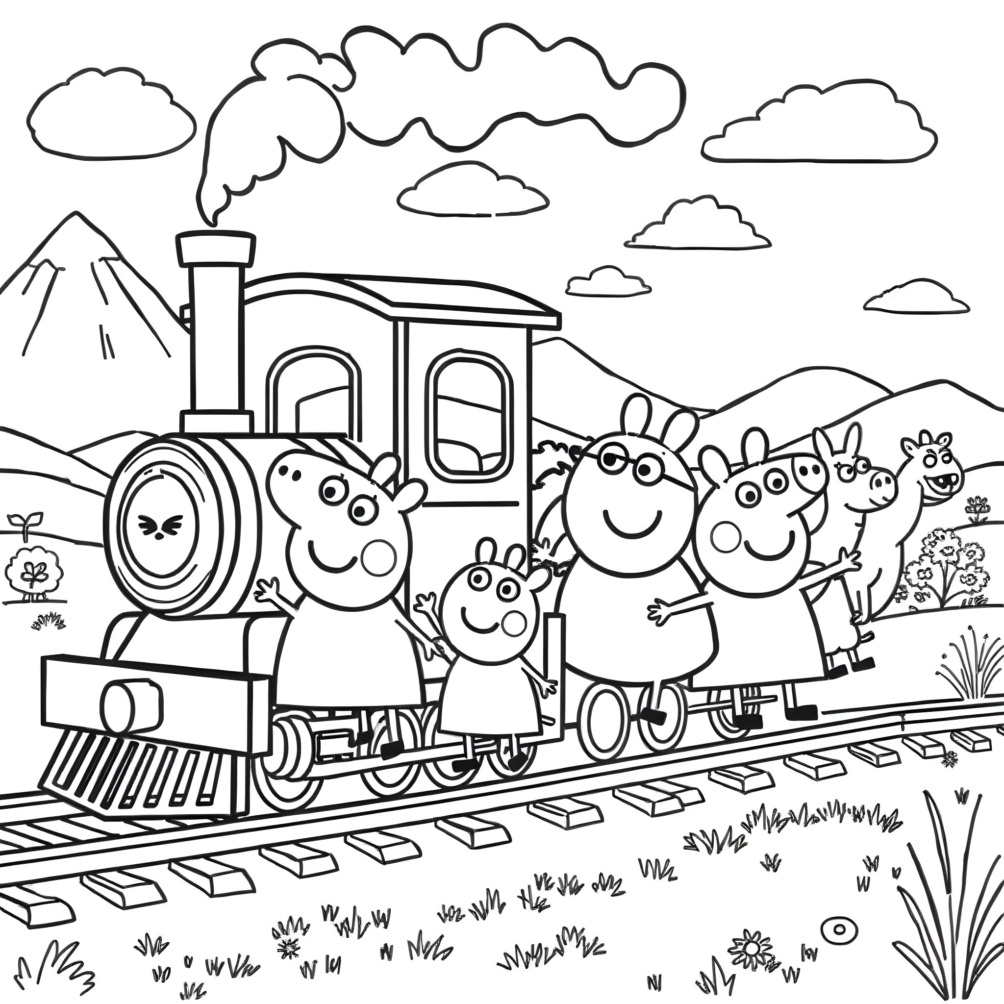 Peppa Pig and family riding on a train through the countryside Coloring Page (free black-and-white line drawing printable PDF for all, from beginners to advanced learners, including children, teens, adults, and seniors)