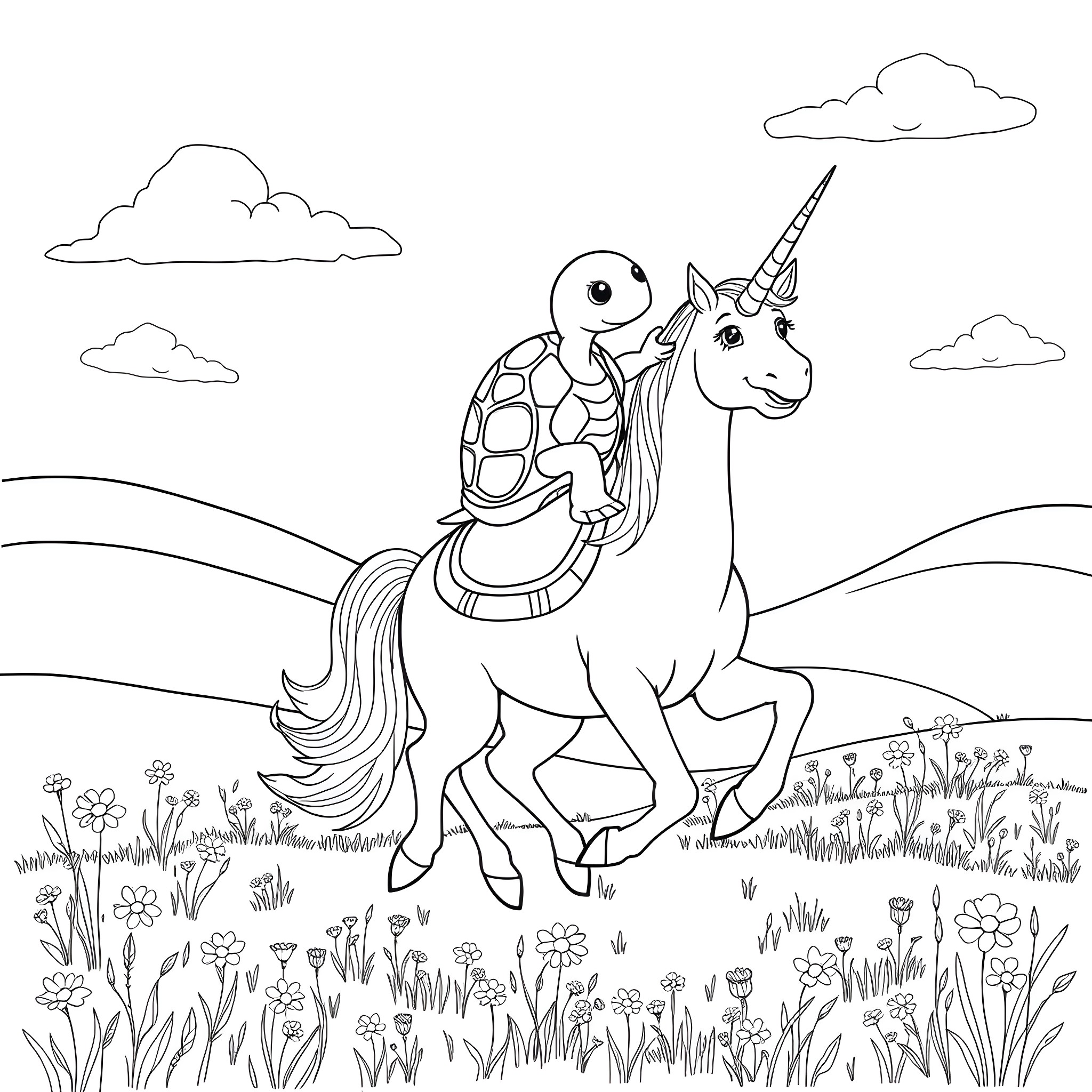 Turtle riding a unicorn through a meadow Coloring Page (free black-and-white line drawing printable PDF for all, from beginners to advanced learners, including children, teens, adults, and seniors)