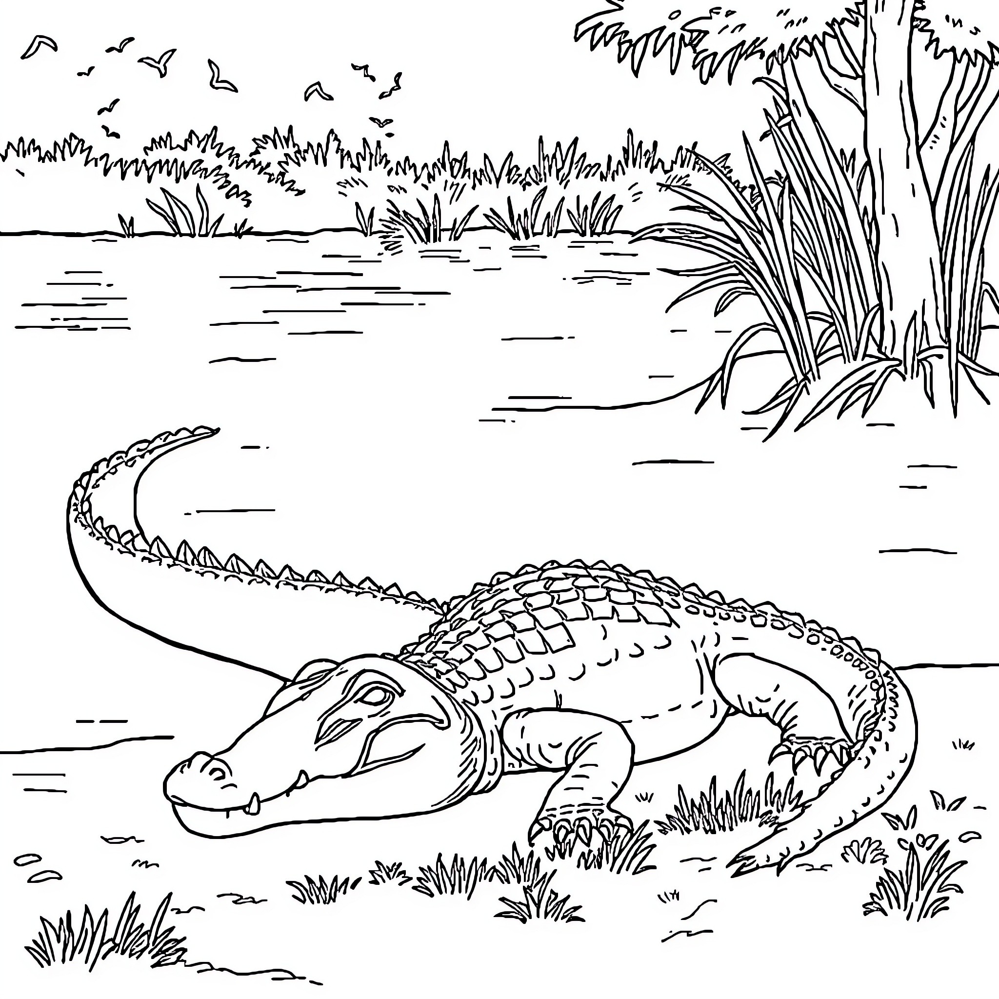 Crocodile resting peacefully by the lakeside Coloring Page (free black-and-white line drawing printable PDF for all, from beginners to advanced learners, including children, teens, adults, and seniors)
