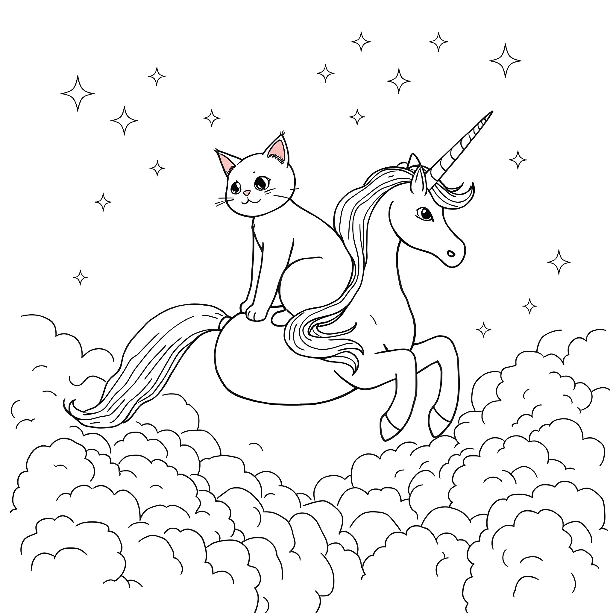 Cat riding a unicorn in the starry sky Coloring Page (free black-and-white line drawing printable PDF for all, from beginners to advanced learners, including children, teens, adults, and seniors)