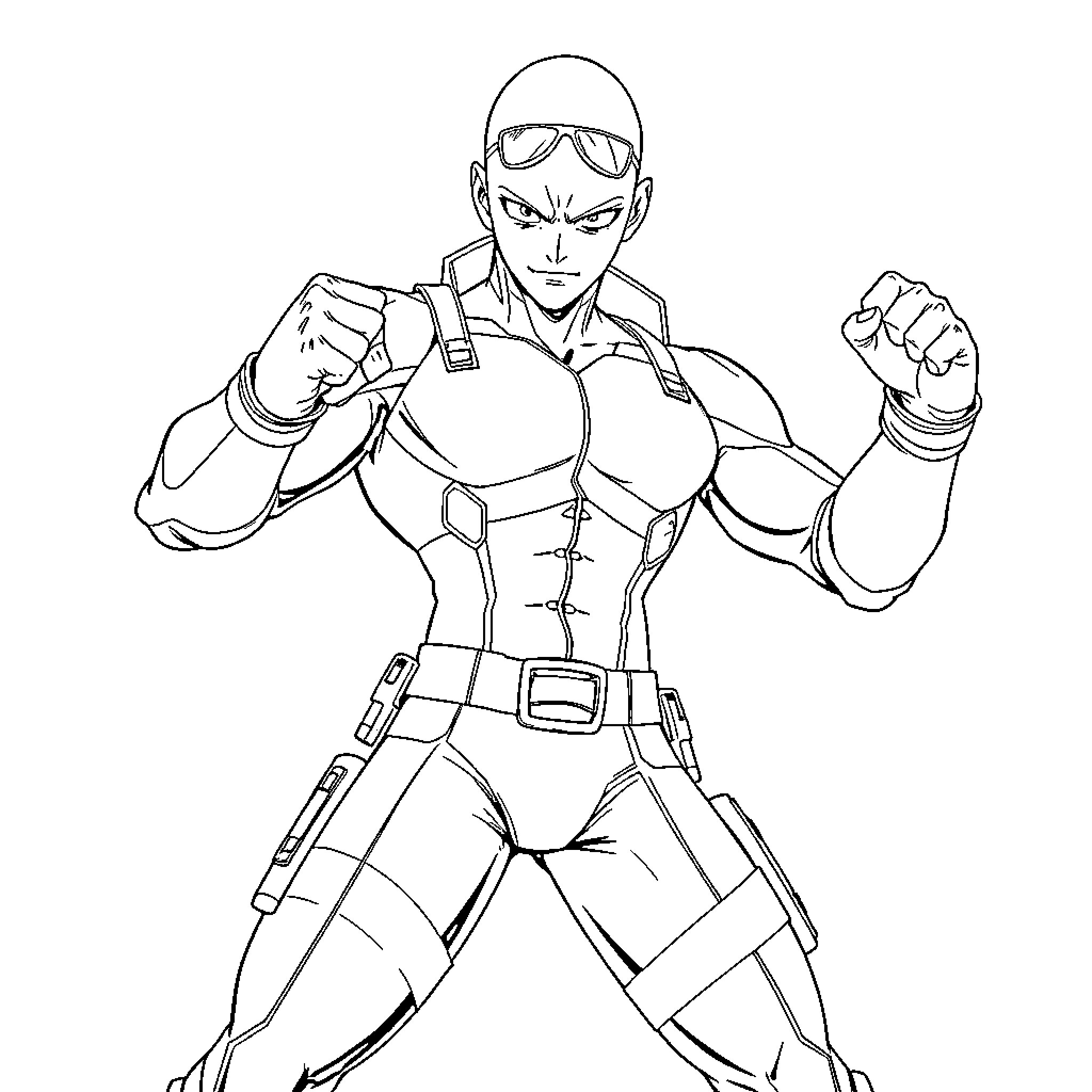 Saitama in combat-ready stance with determined expression Coloring Page (free black-and-white line drawing printable PDF for all, from beginners to advanced learners, including children, teens, adults, and seniors)