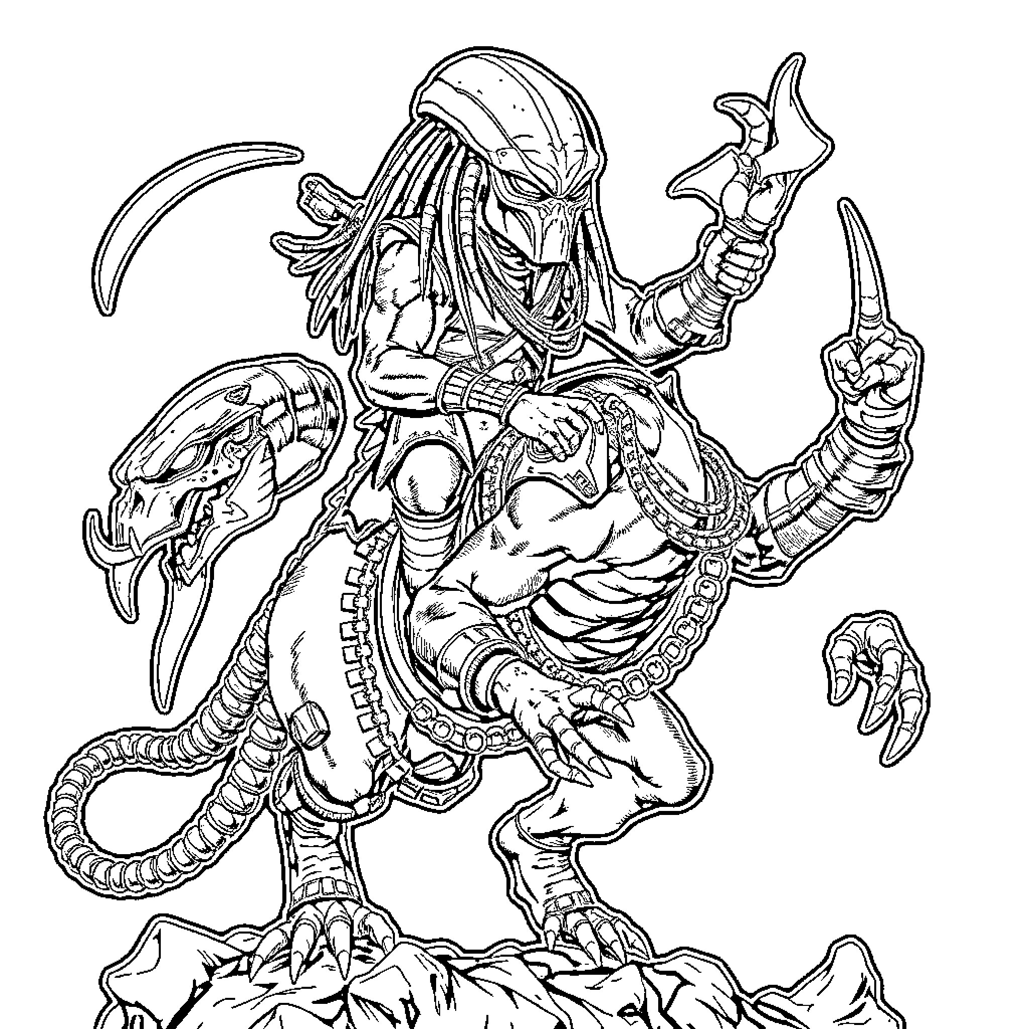 Goro's Menacing Alien Warrior Stance Coloring Page (free black-and-white line drawing printable PDF for all, from beginners to advanced learners, including children, teens, adults, and seniors)