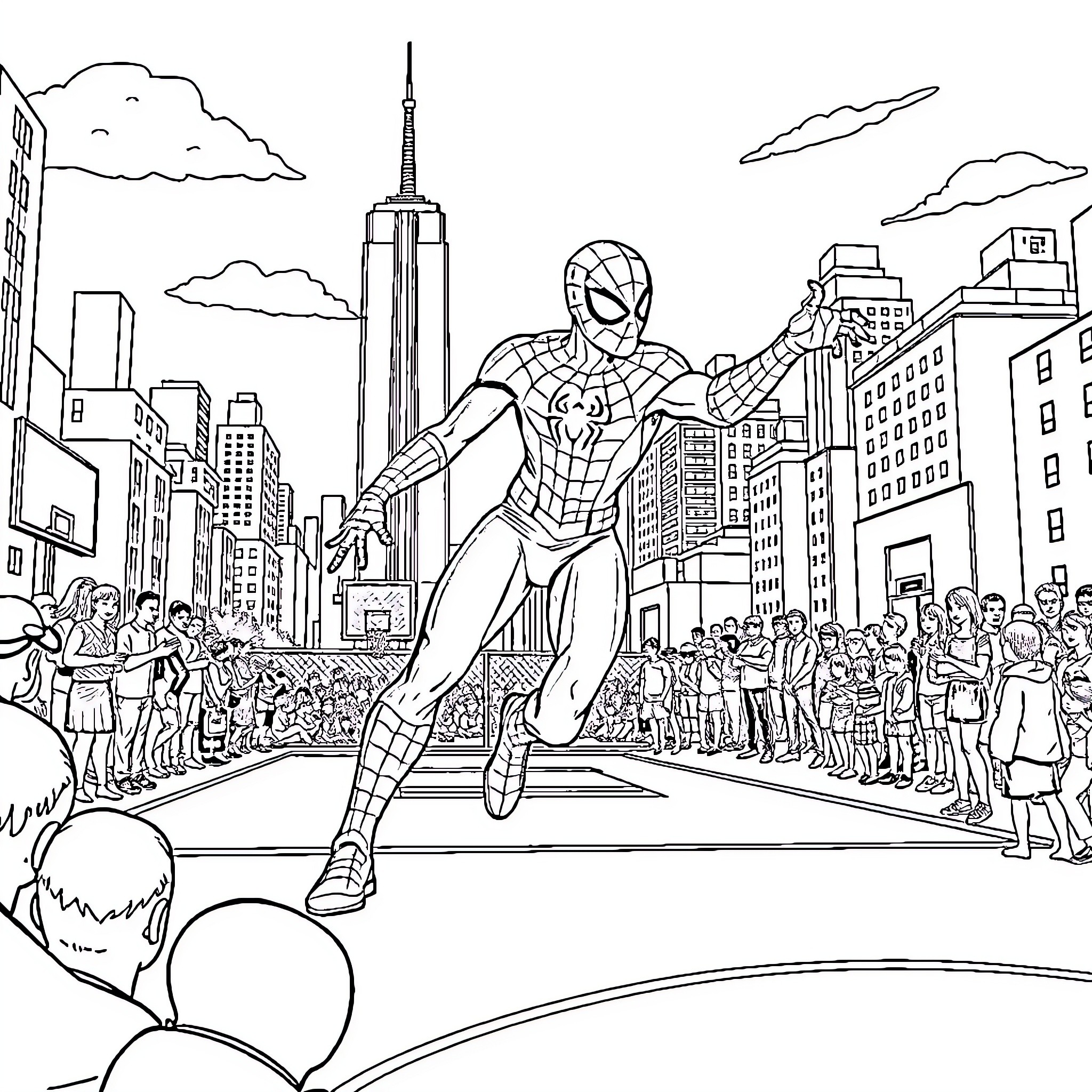 Spiderman saving the city from danger Coloring Page (free black-and-white line drawing printable PDF for all, from beginners to advanced learners, including children, teens, adults, and seniors)