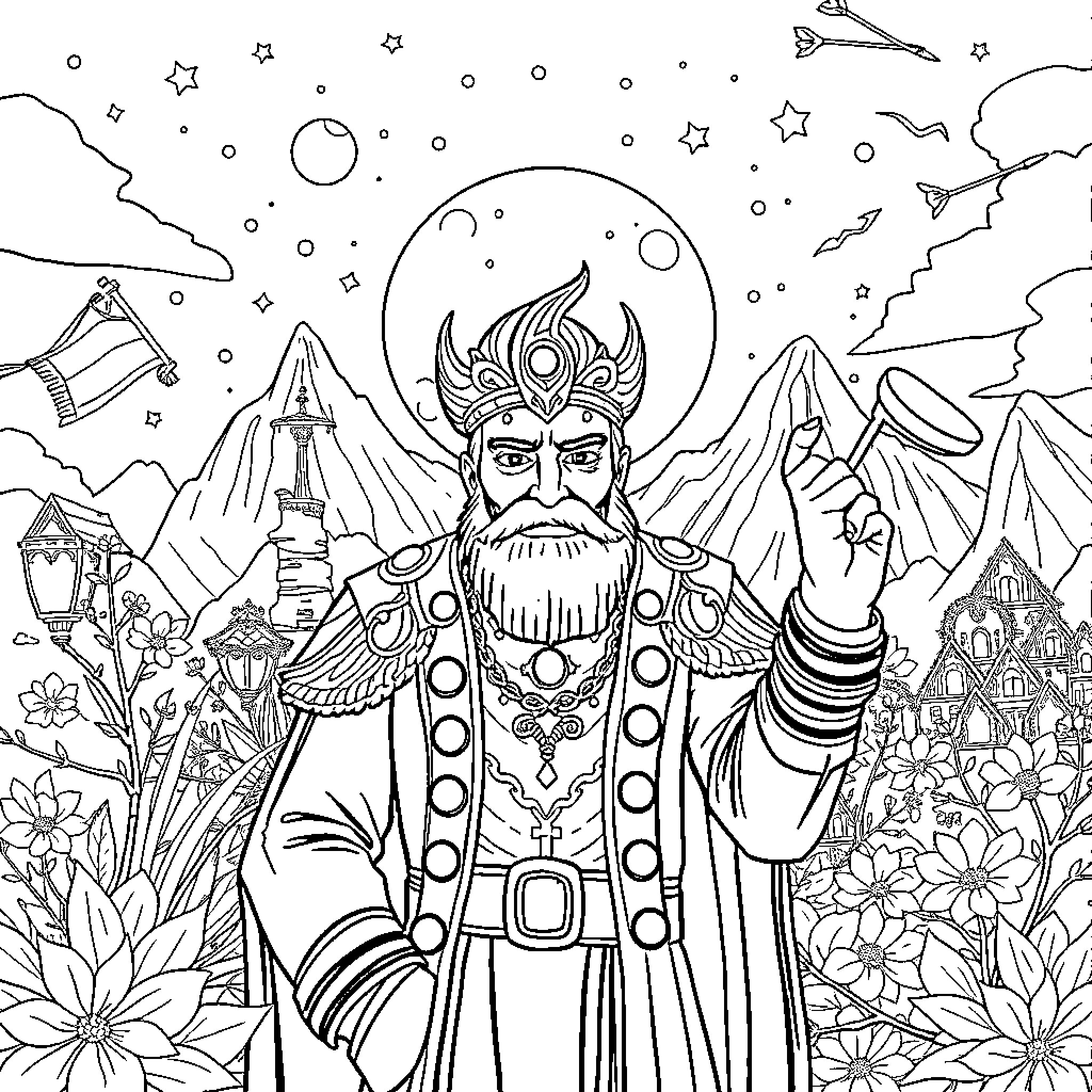 Disney king holding a magnifying glass in a fantasy land Coloring Page (free black-and-white line drawing printable PDF for all, from beginners to advanced learners, including children, teens, adults, and seniors)