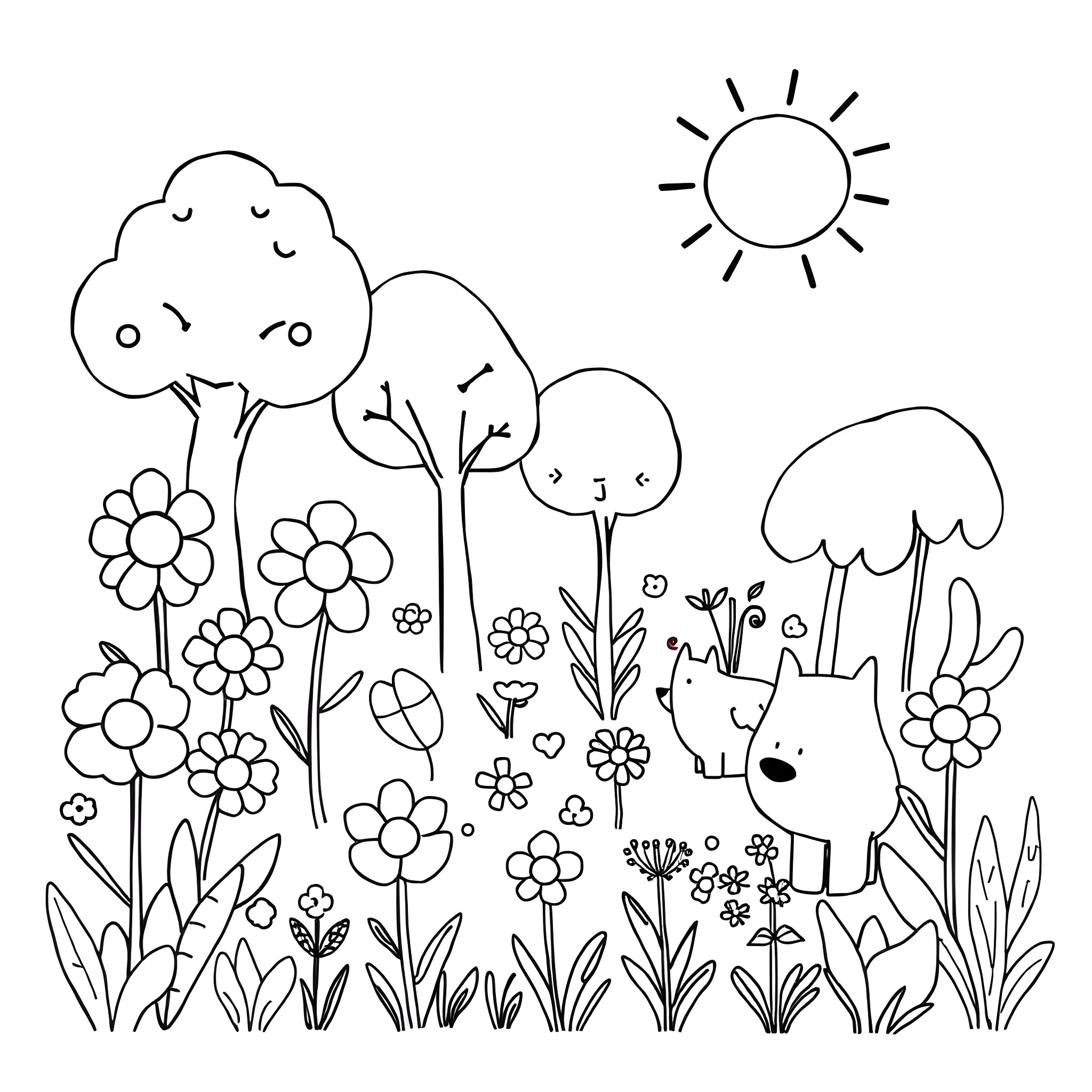 Garden scene with whimsical flowers and animals Coloring Page (free black-and-white line drawing printable PDF for all, from beginners to advanced learners, including children, teens, adults, and seniors)