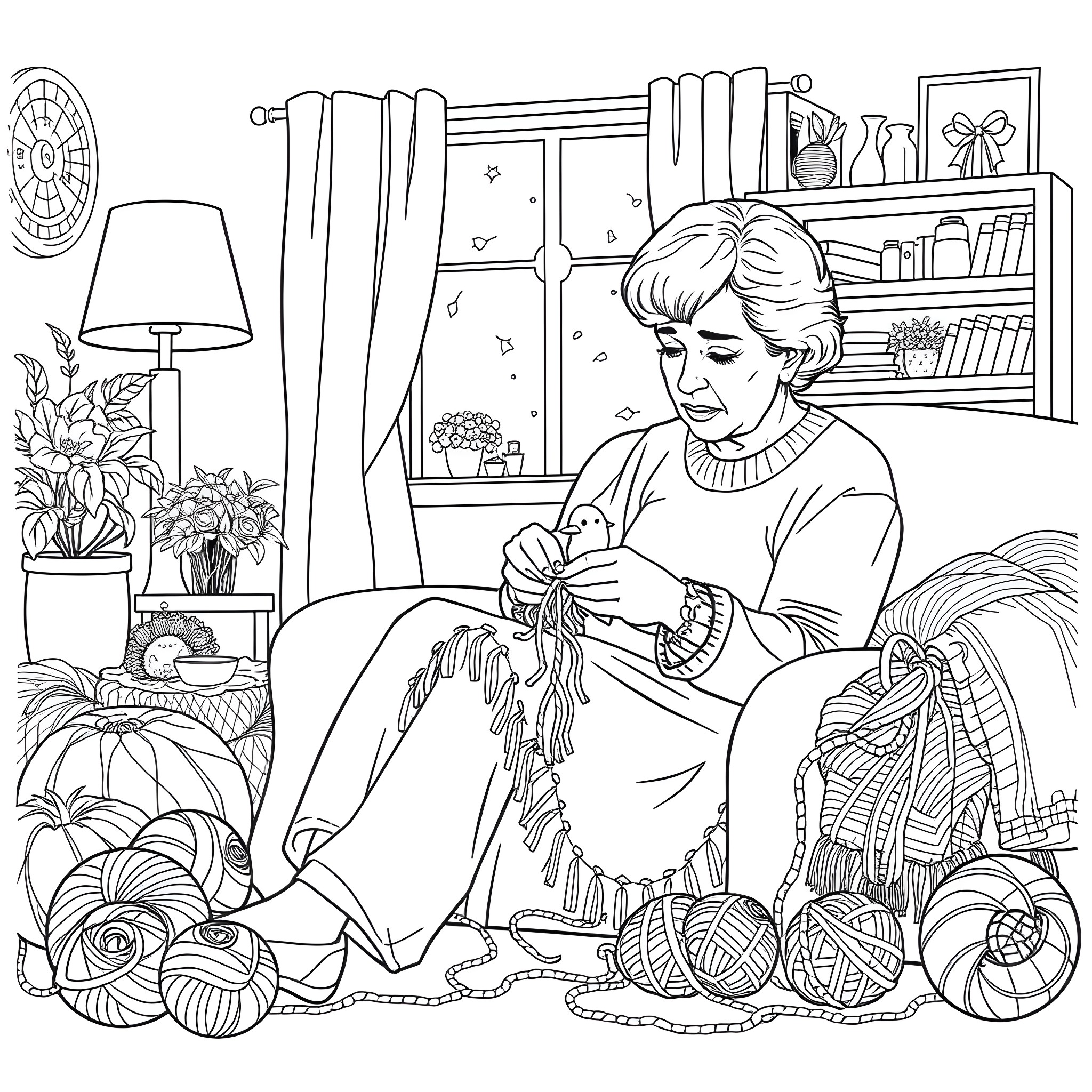 Lady Knitting Cozy Sweater by the Window Coloring Page (free black-and-white line drawing printable PDF for all, from beginners to advanced learners, including children, teens, adults, and seniors)