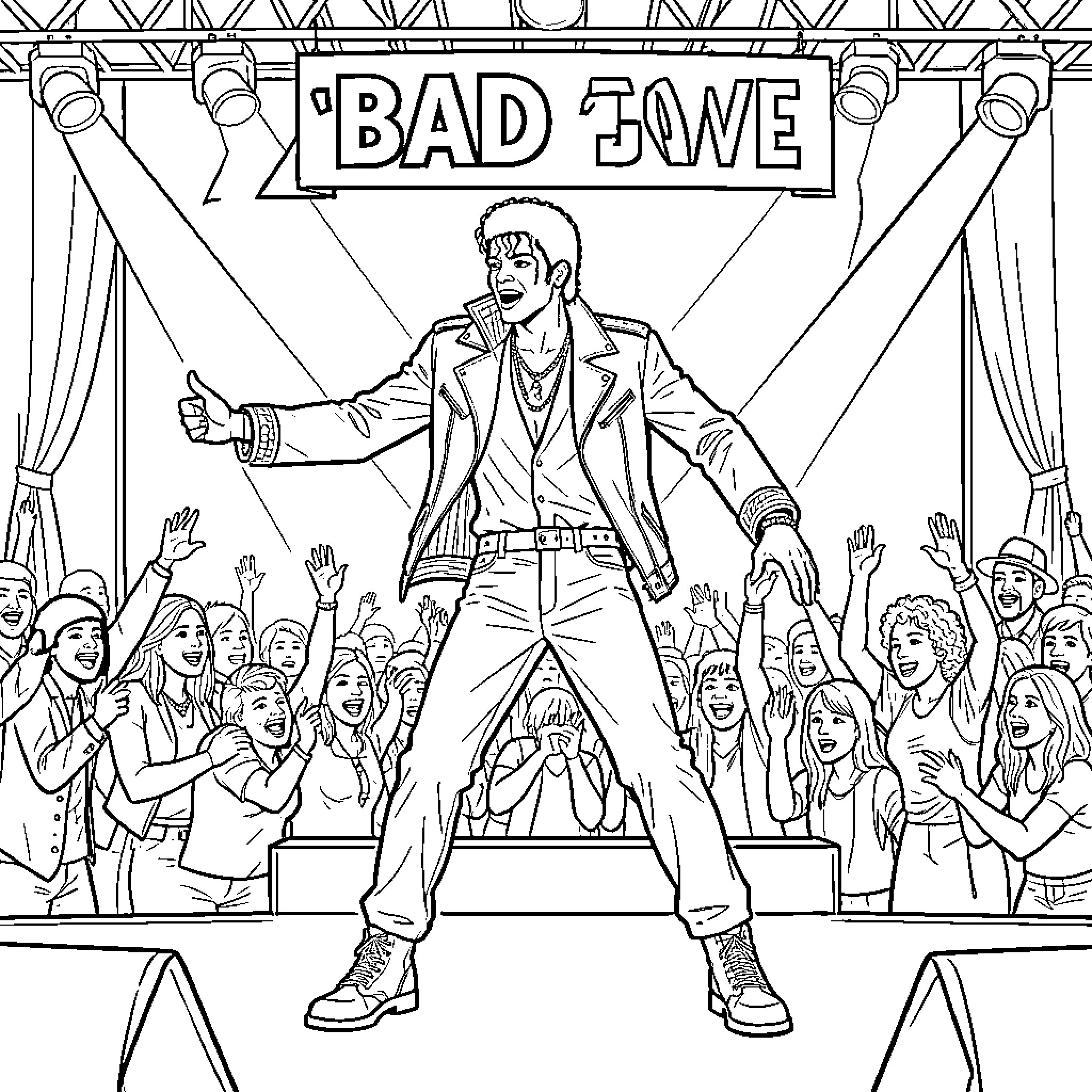 Michael Jackson performing on stage in front of fans Coloring Page (free black-and-white line drawing printable PDF for all, from beginners to advanced learners, including children, teens, adults, and seniors)