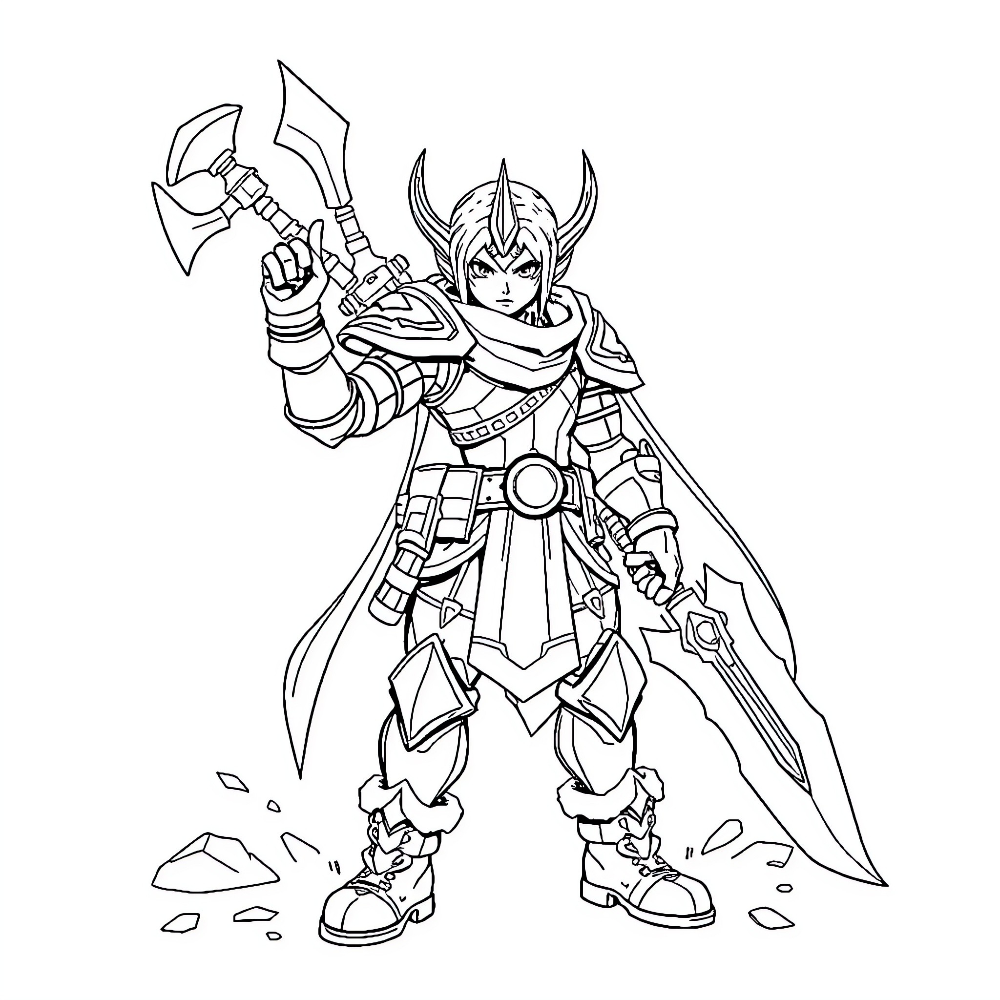 Hero with Mighty Axe in Battle Stance Coloring Page (free black-and-white line drawing printable PDF for all, from beginners to advanced learners, including children, teens, adults, and seniors)