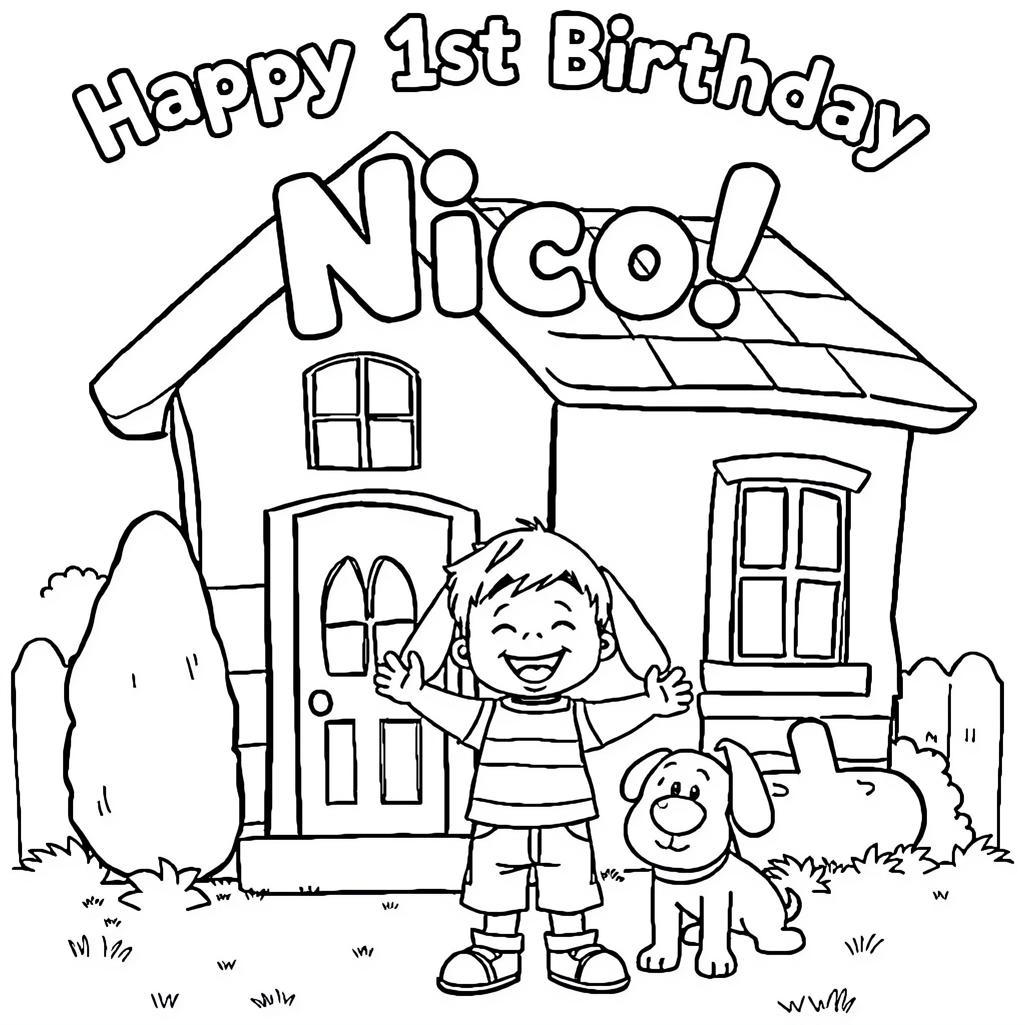 Boy celebrating happy 1st birthday outside his house Coloring Page (free black-and-white line drawing printable PDF for all, from beginners to advanced learners, including children, teens, adults, and seniors)