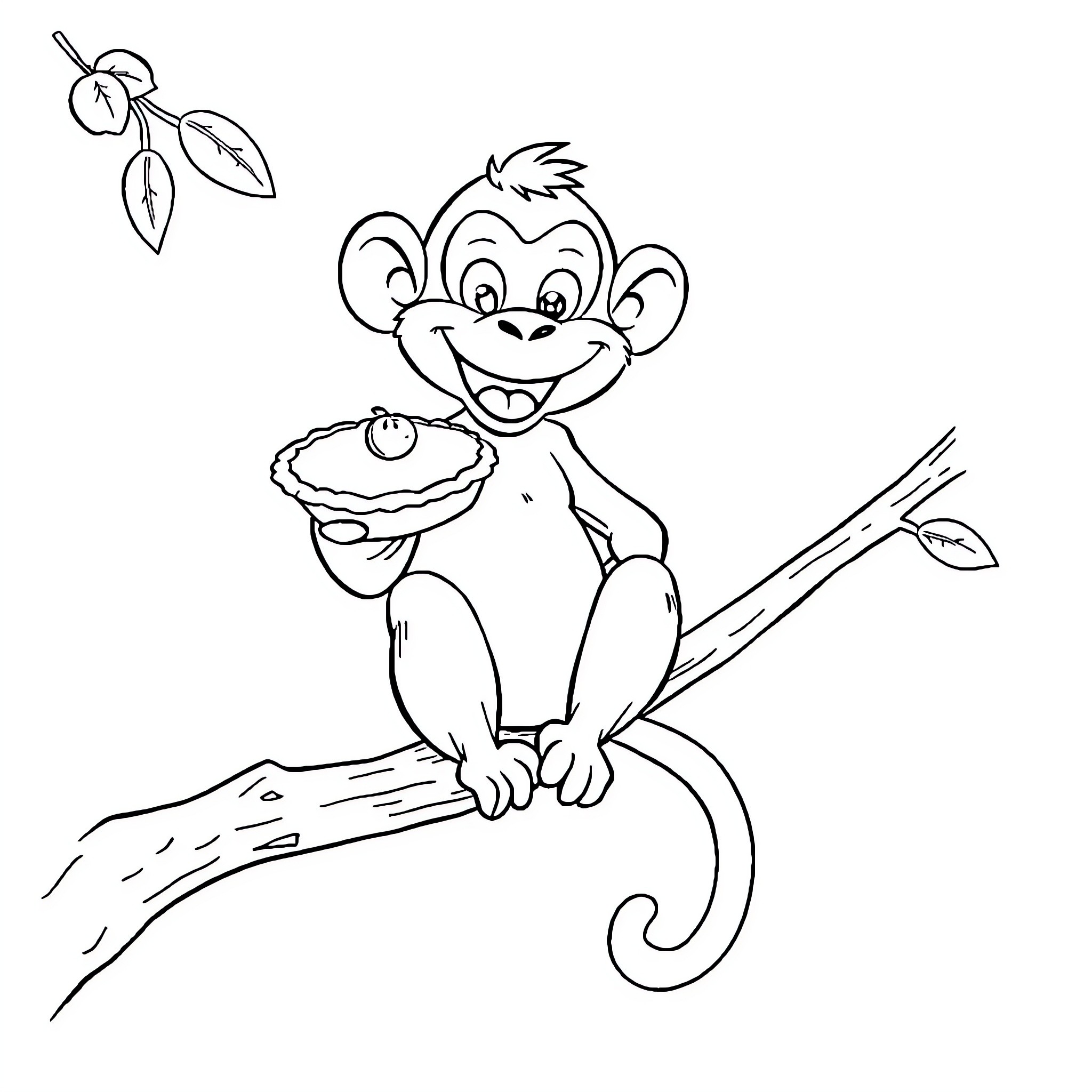 Monkey enjoying a tasty treat on a branch Coloring Page (free black-and-white line drawing printable PDF for all, from beginners to advanced learners, including children, teens, adults, and seniors)