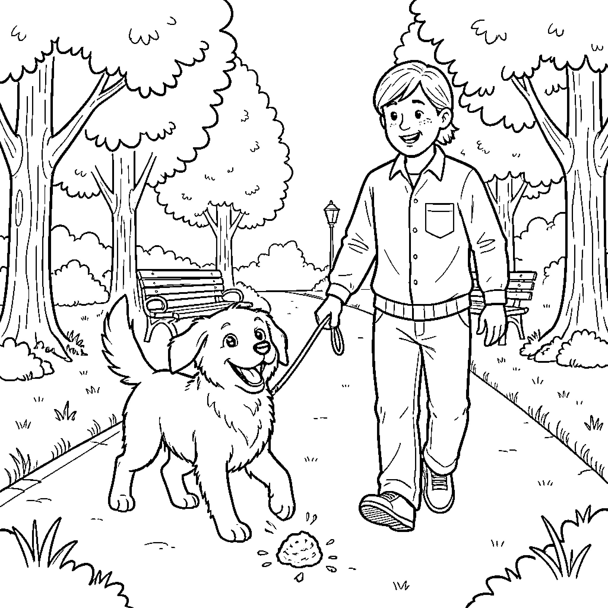 Chien walks with his human friend in the park Coloring Page (free black-and-white line drawing printable PDF for all, from beginners to advanced learners, including children, teens, adults, and seniors)