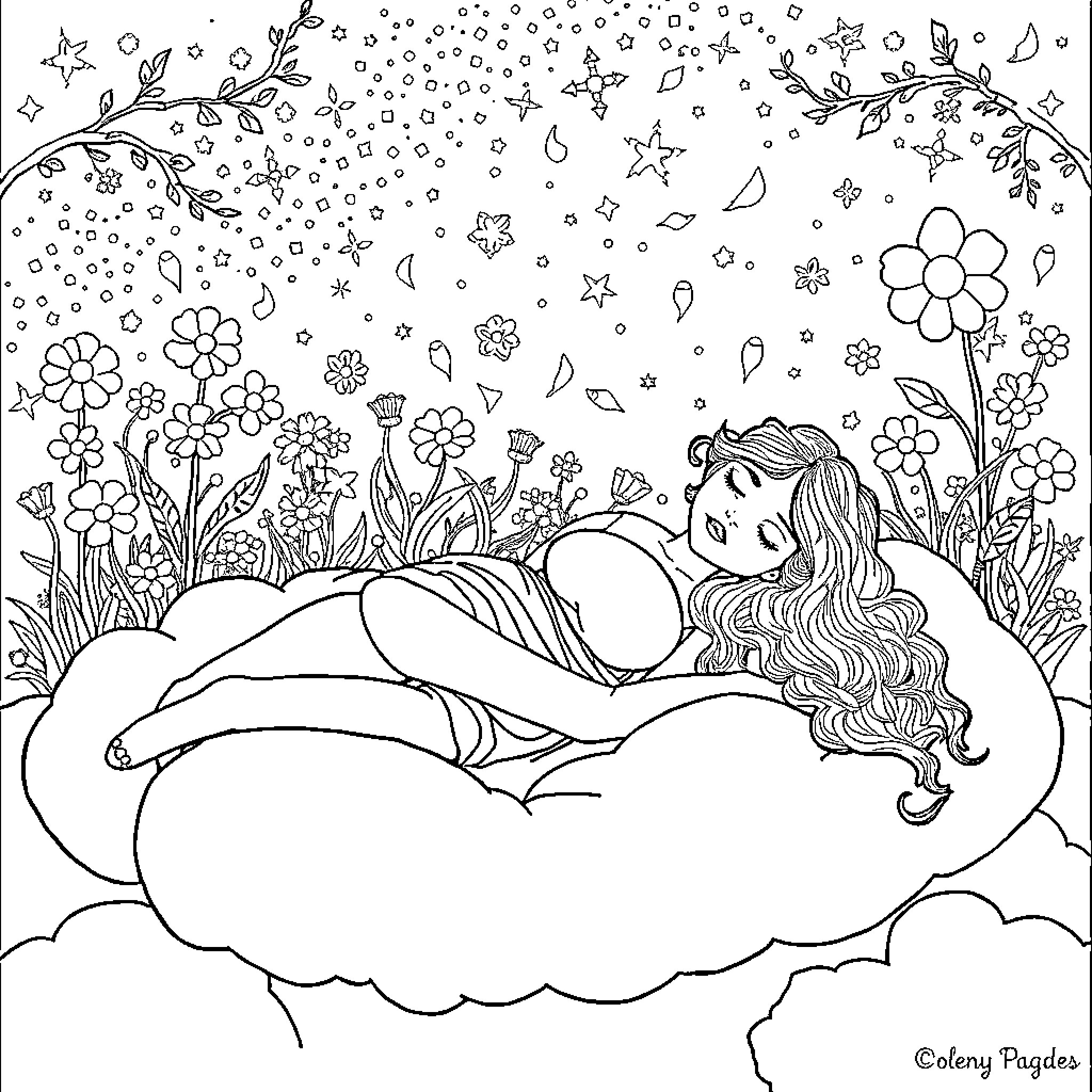 Woman resting on a cloud amidst flowers and stars Coloring Page (free black-and-white line drawing printable PDF for all, from beginners to advanced learners, including children, teens, adults, and seniors)