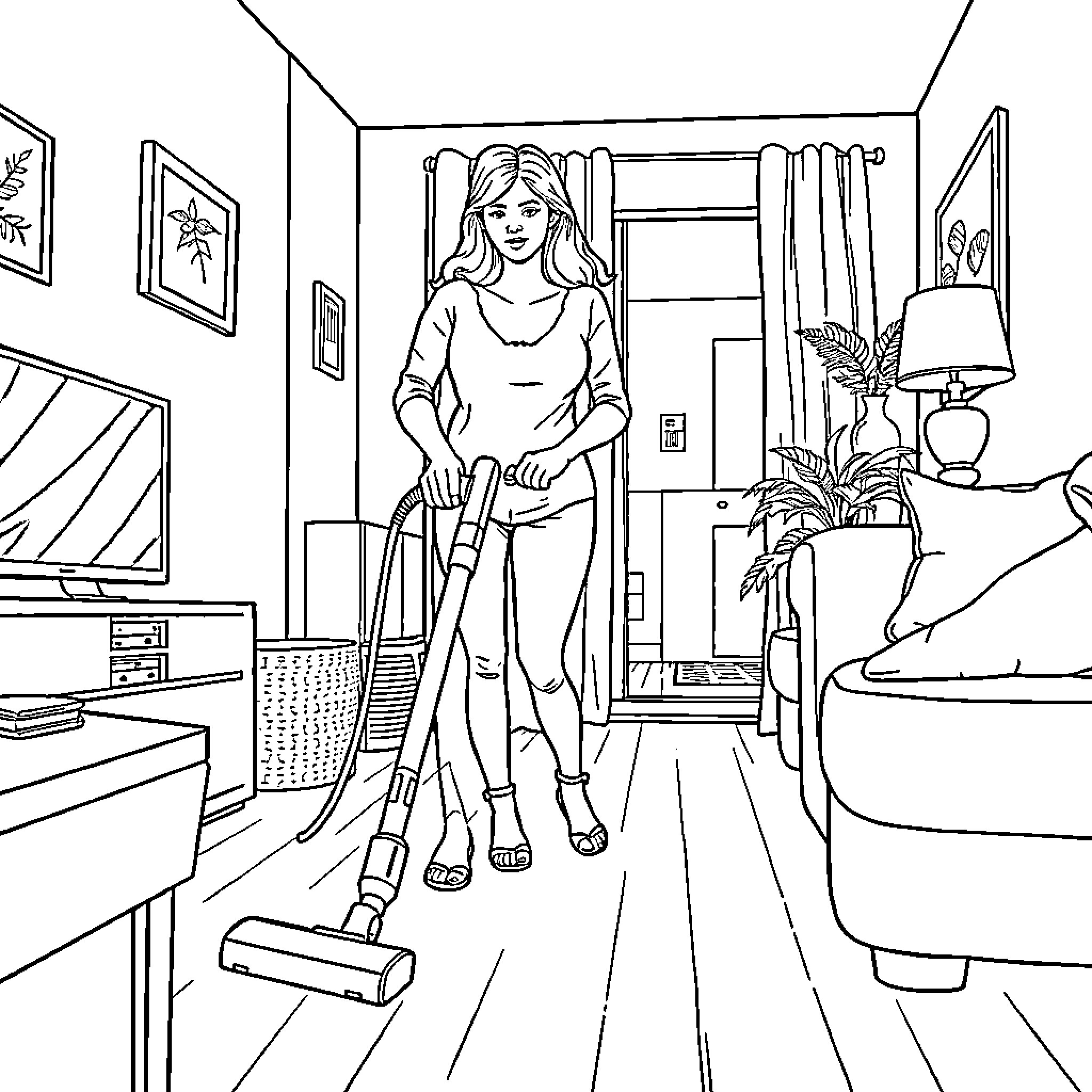 Mother cleaning her home with determination Coloring Page (free black-and-white line drawing printable PDF for all, from beginners to advanced learners, including children, teens, adults, and seniors)