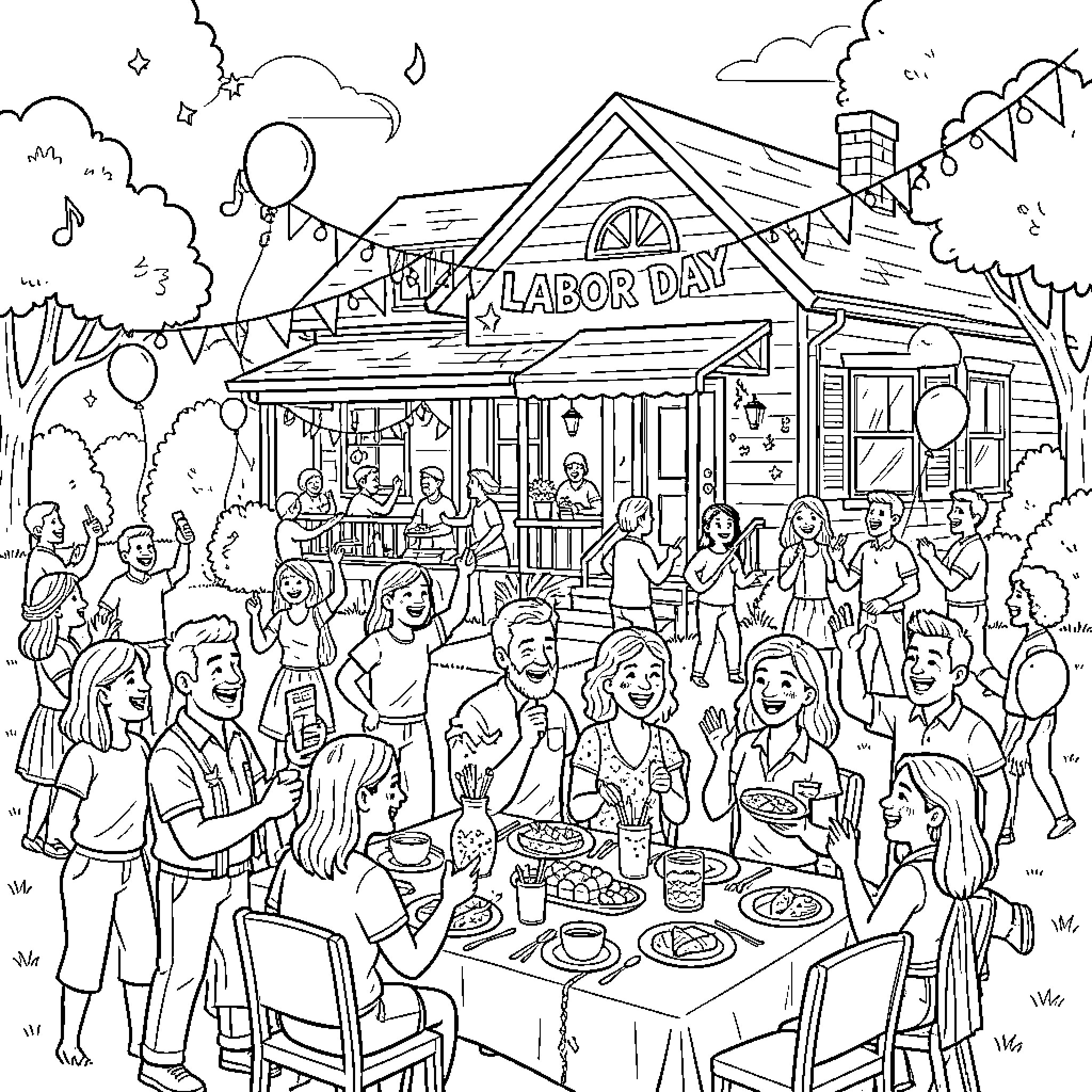 Labor Day celebration with people enjoying a backyard party Coloring Page (free black-and-white line drawing printable PDF for all, from beginners to advanced learners, including children, teens, adults, and seniors)