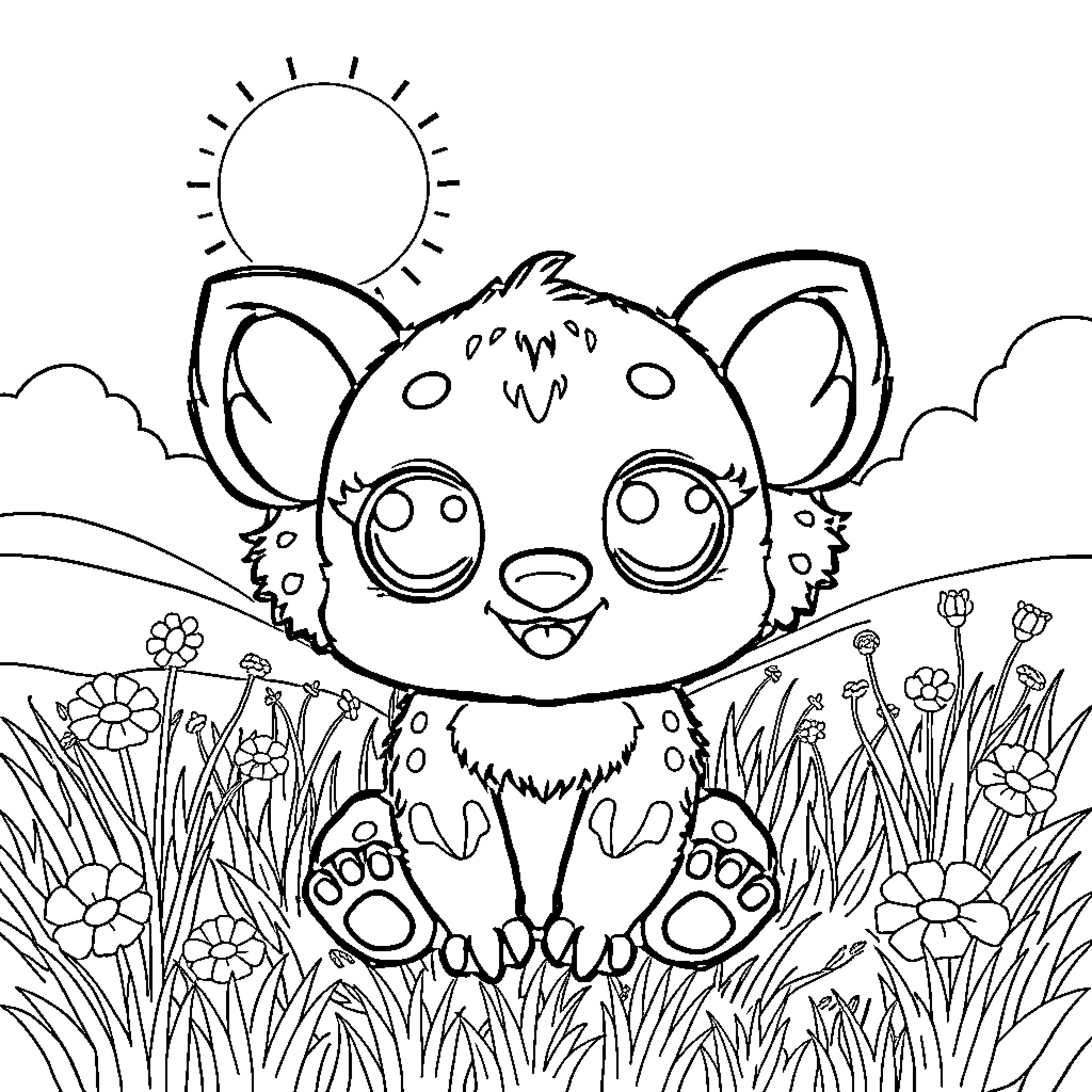 Labubu's Cheerful Frolic in the Meadow Coloring Page (free black-and-white line drawing printable PDF for all, from beginners to advanced learners, including children, teens, adults, and seniors)