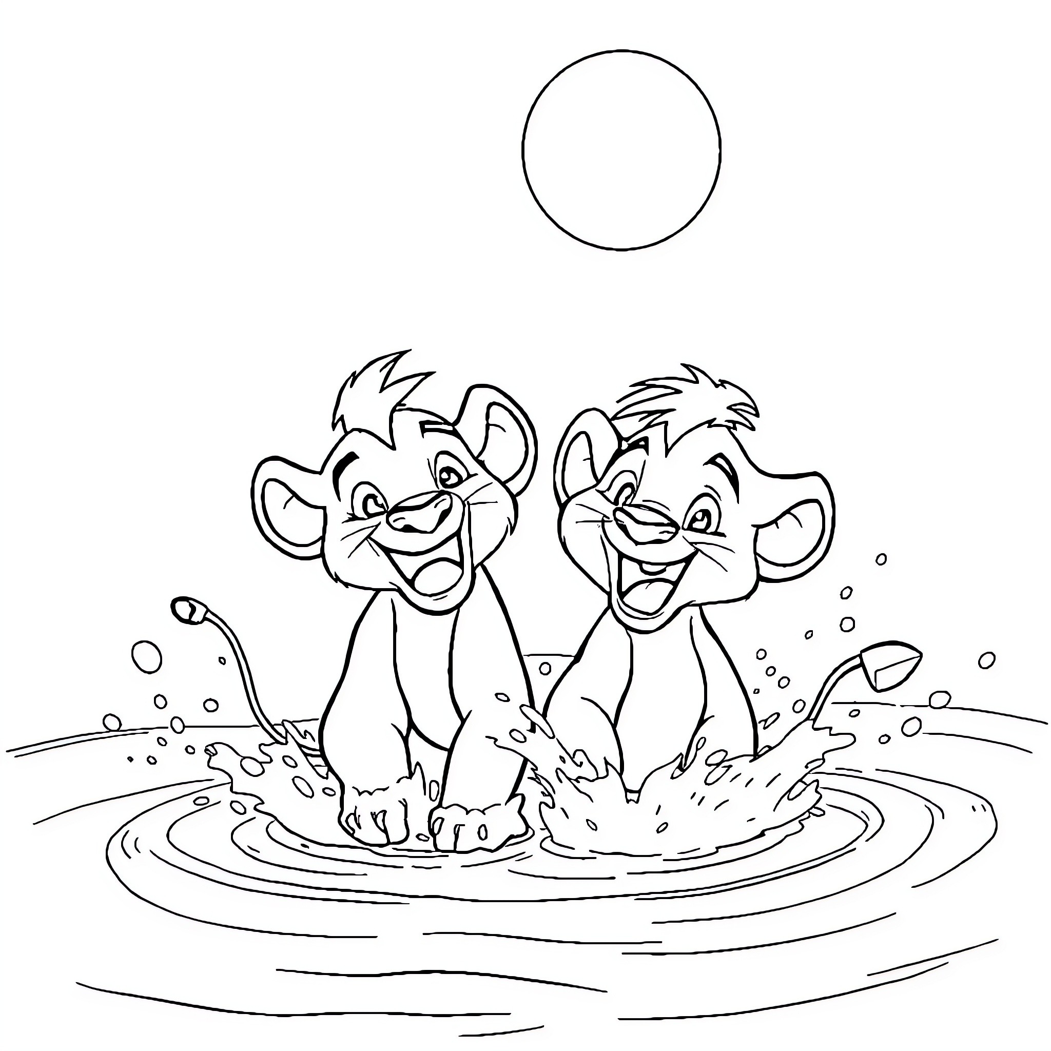 Simba and Nala playing in the water Coloring Page (free black-and-white line drawing printable PDF for all, from beginners to advanced learners, including children, teens, adults, and seniors)