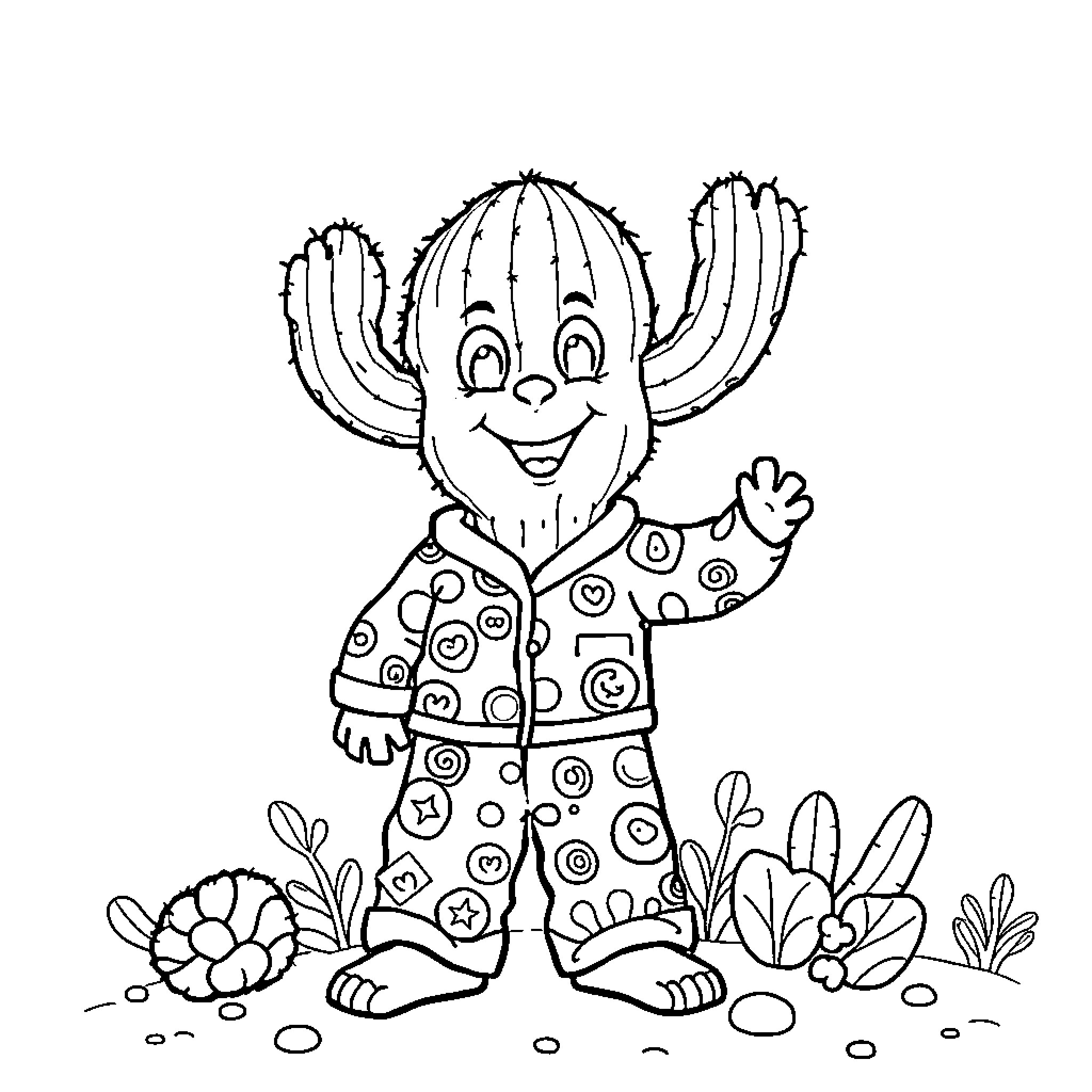 Cactus character happily waving in nature Coloring Page (free black-and-white line drawing printable PDF for all, from beginners to advanced learners, including children, teens, adults, and seniors)