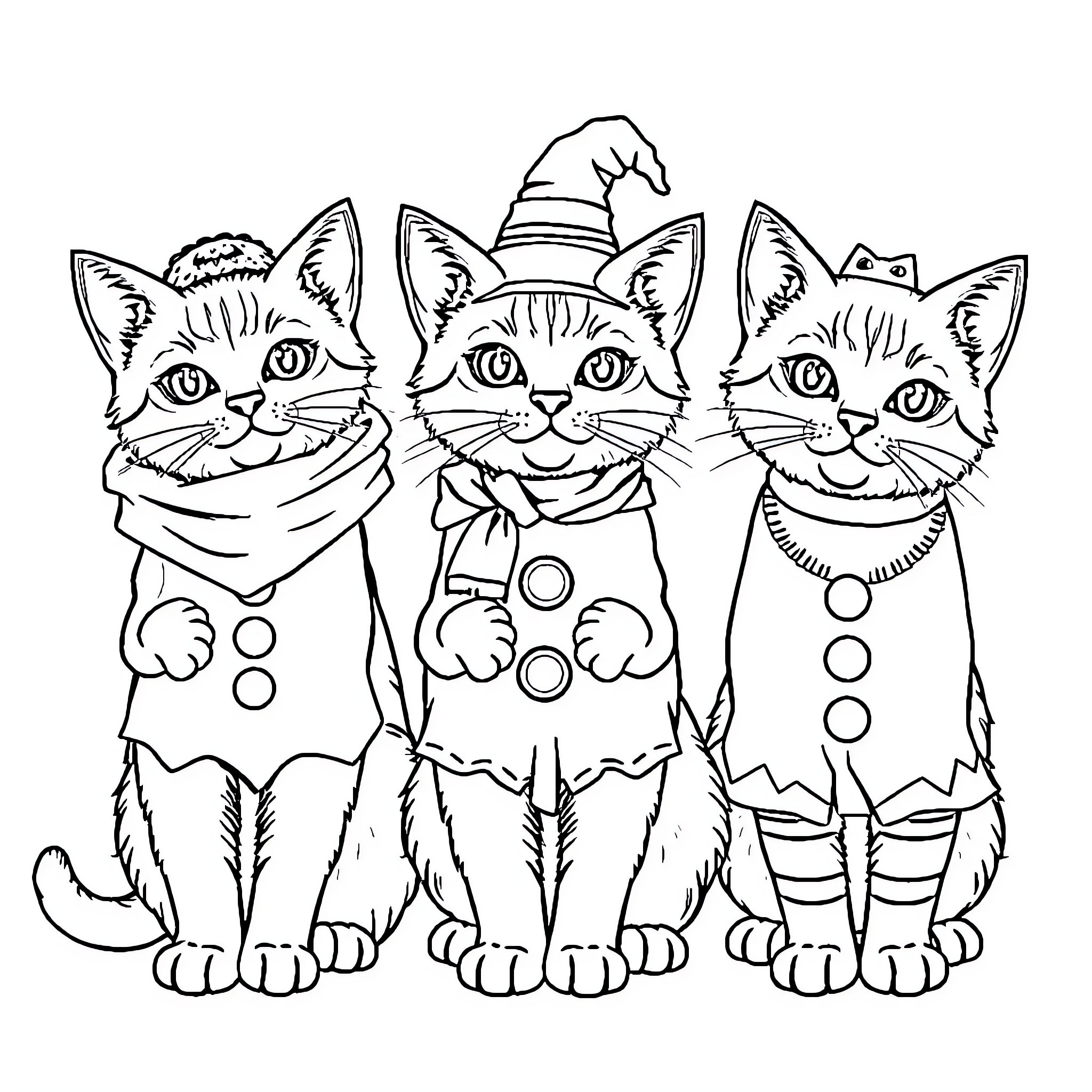 Cat Trio in Whimsical Outfits Coloring Page (free black-and-white line drawing printable PDF for all, from beginners to advanced learners, including children, teens, adults, and seniors)