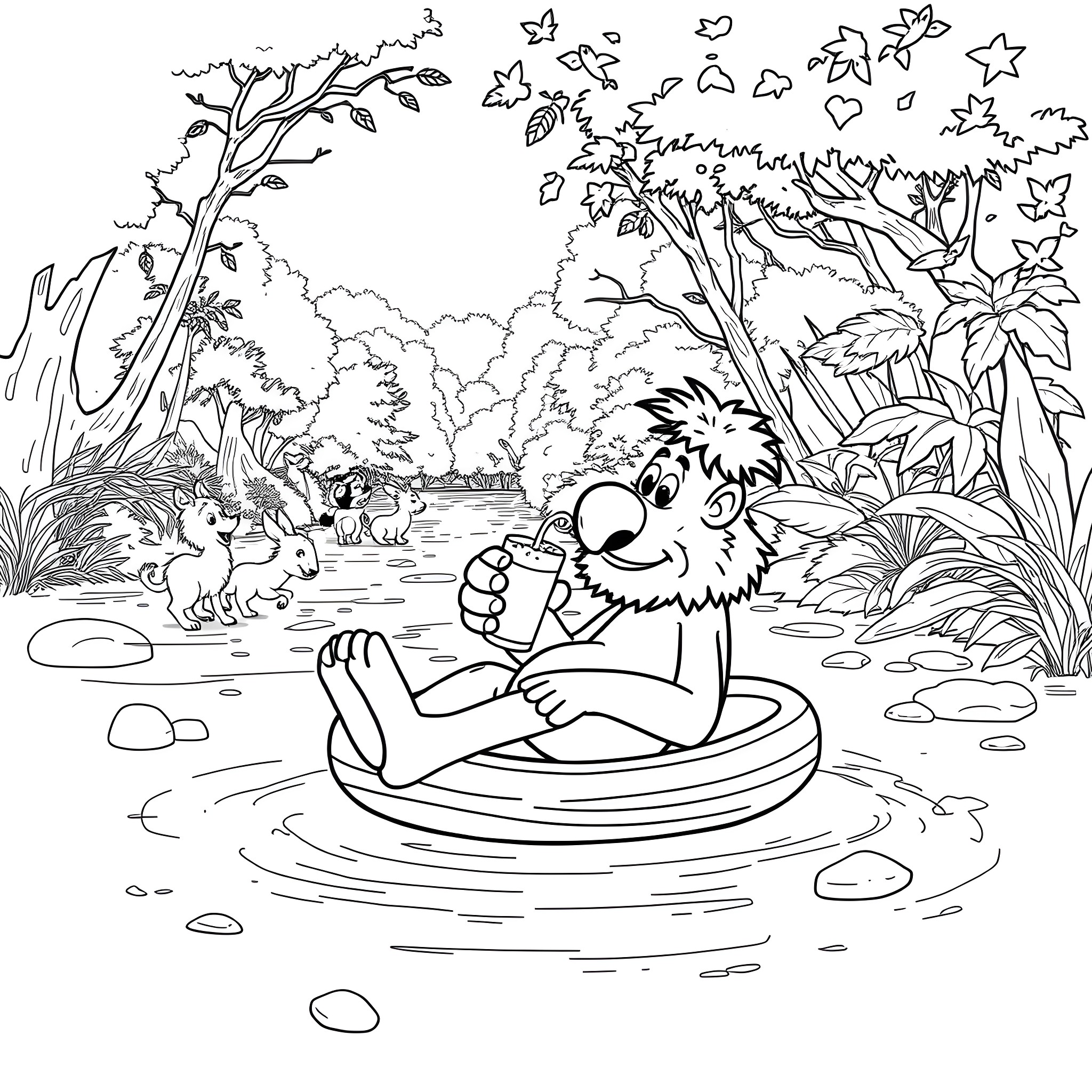 Alf relaxing in the pool with forest animals Coloring Page (free black-and-white line drawing printable PDF for all, from beginners to advanced learners, including children, teens, adults, and seniors)