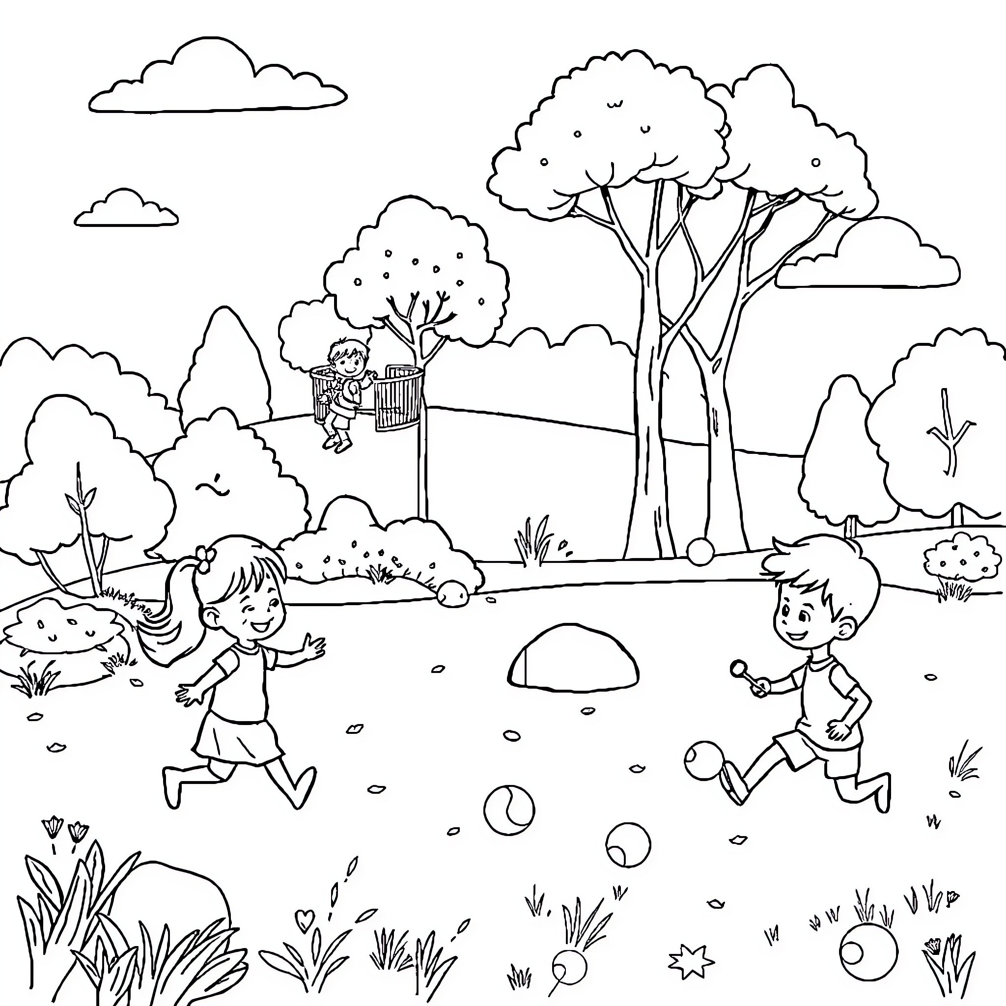 Child playing joyfully in outdoor park Coloring Page (free black-and-white line drawing printable PDF for all, from beginners to advanced learners, including children, teens, adults, and seniors)
