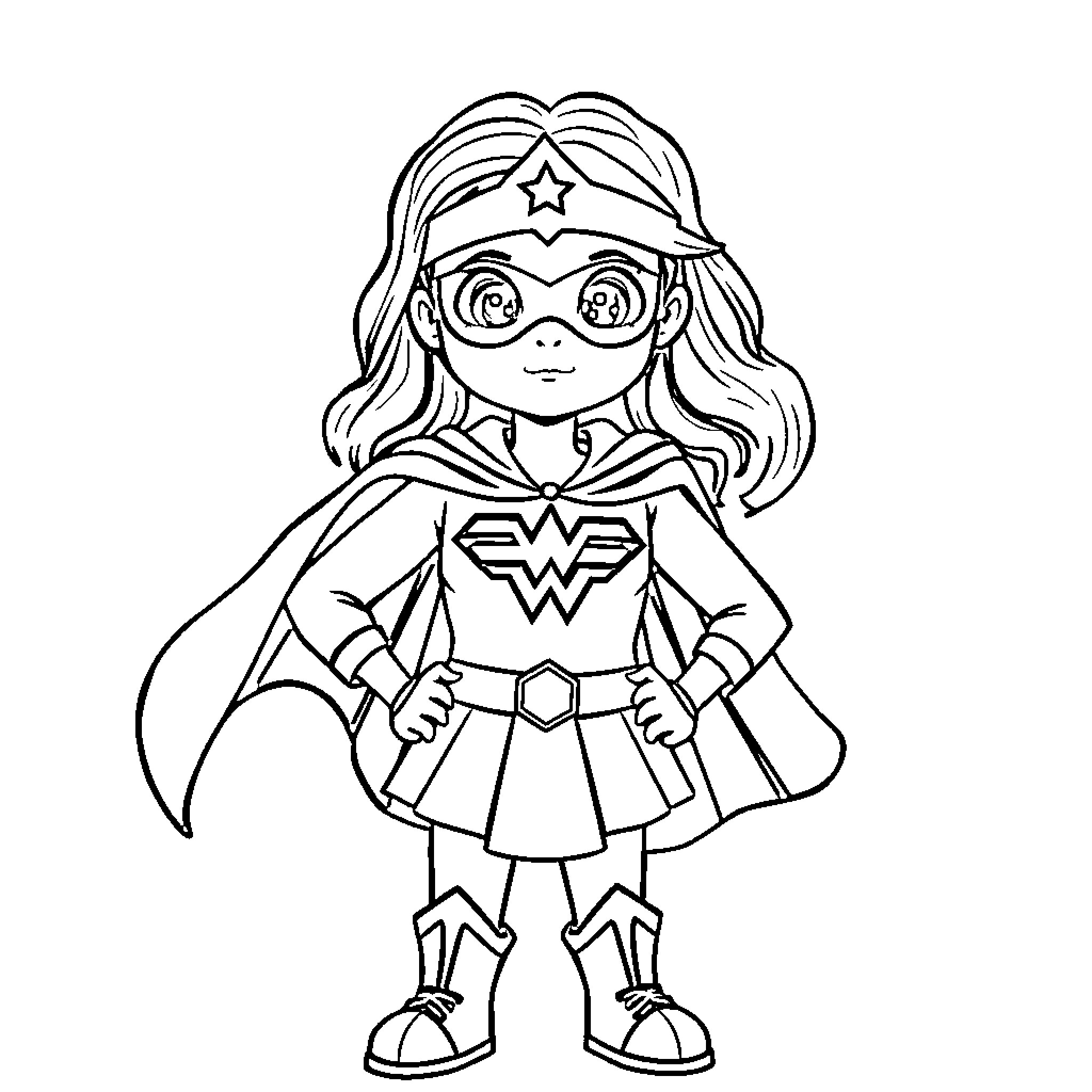 Girl superhero in costume with superpowers Coloring Page (free black-and-white line drawing printable PDF for all, from beginners to advanced learners, including children, teens, adults, and seniors)