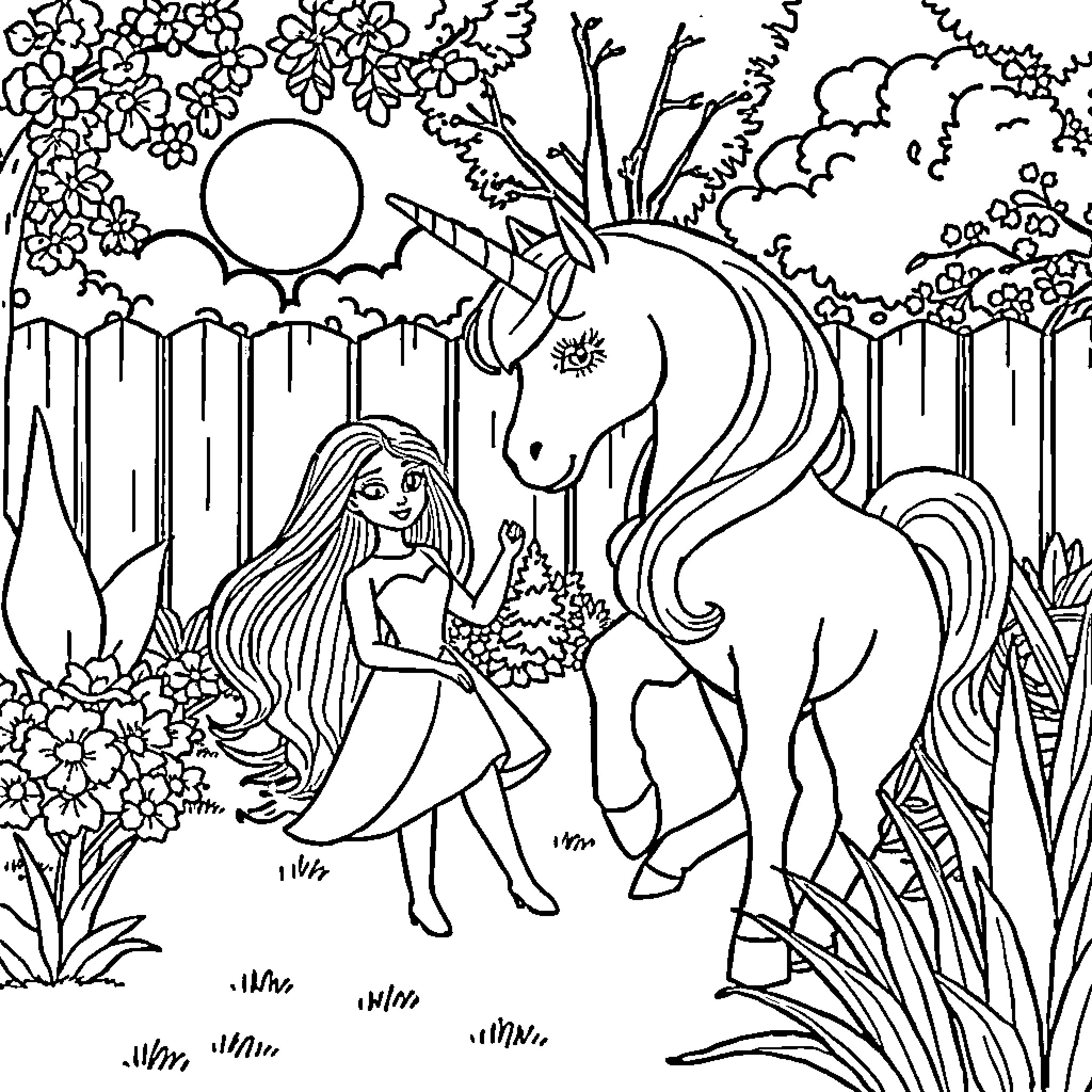 Unicorn and girl in a magical forest scene Coloring Page (free black-and-white line drawing printable PDF for all, from beginners to advanced learners, including children, teens, adults, and seniors)