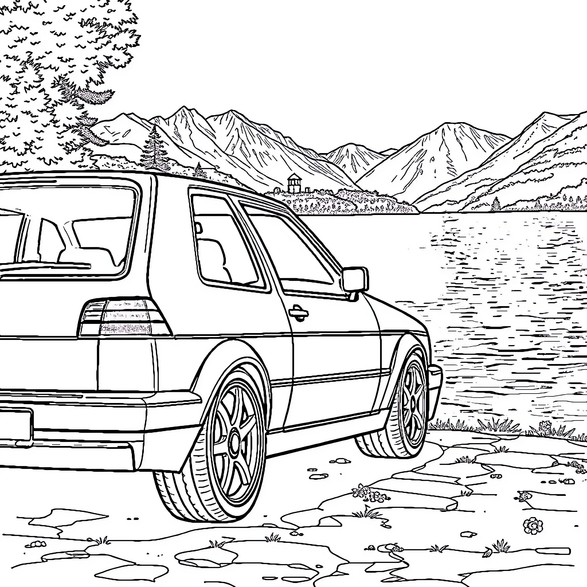 Golf car driving through scenic mountain landscape Coloring Page (free black-and-white line drawing printable PDF for all, from beginners to advanced learners, including children, teens, adults, and seniors)