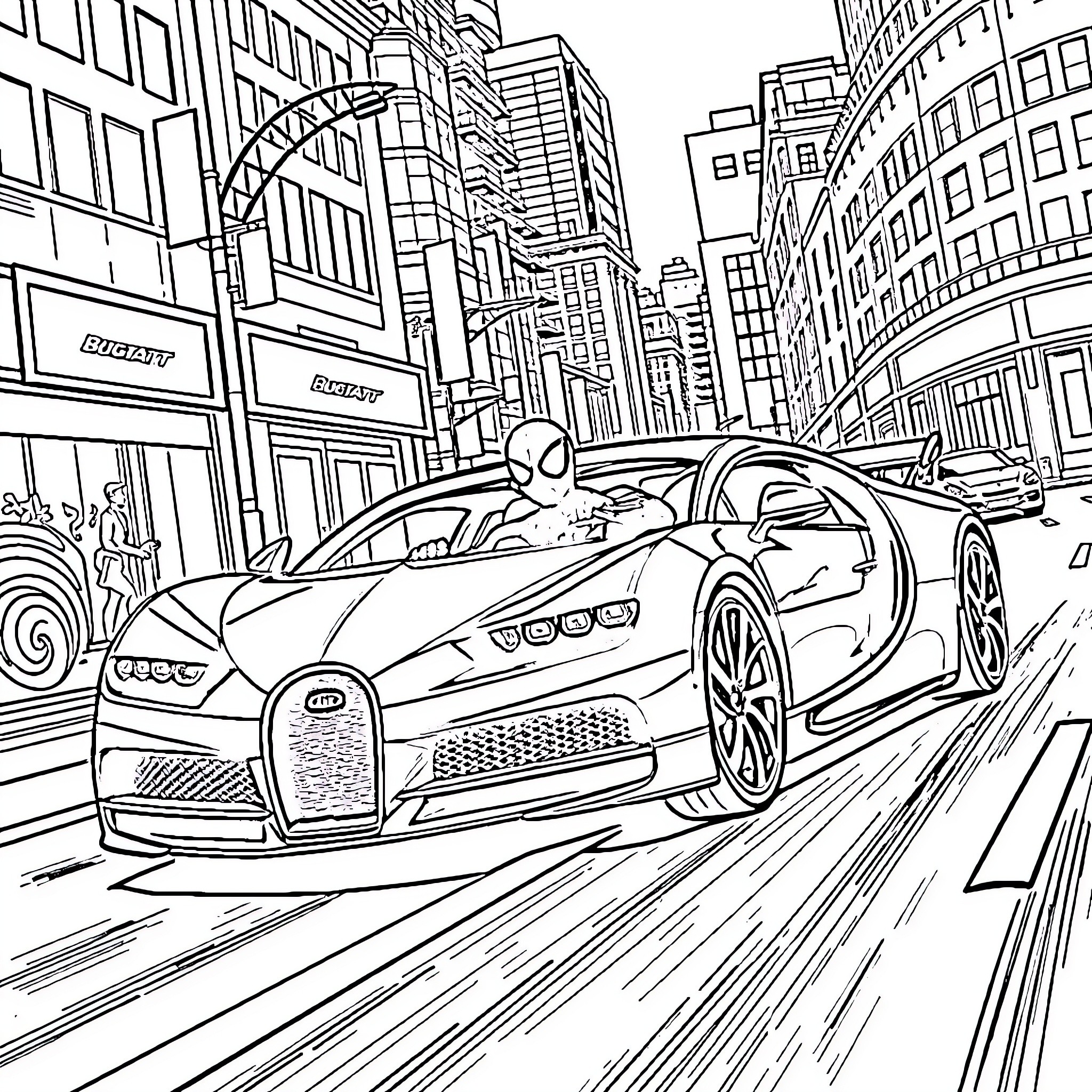 Spider-Man zipping through a busy city on a sports car Coloring Page (free black-and-white line drawing printable PDF for all, from beginners to advanced learners, including children, teens, adults, and seniors)