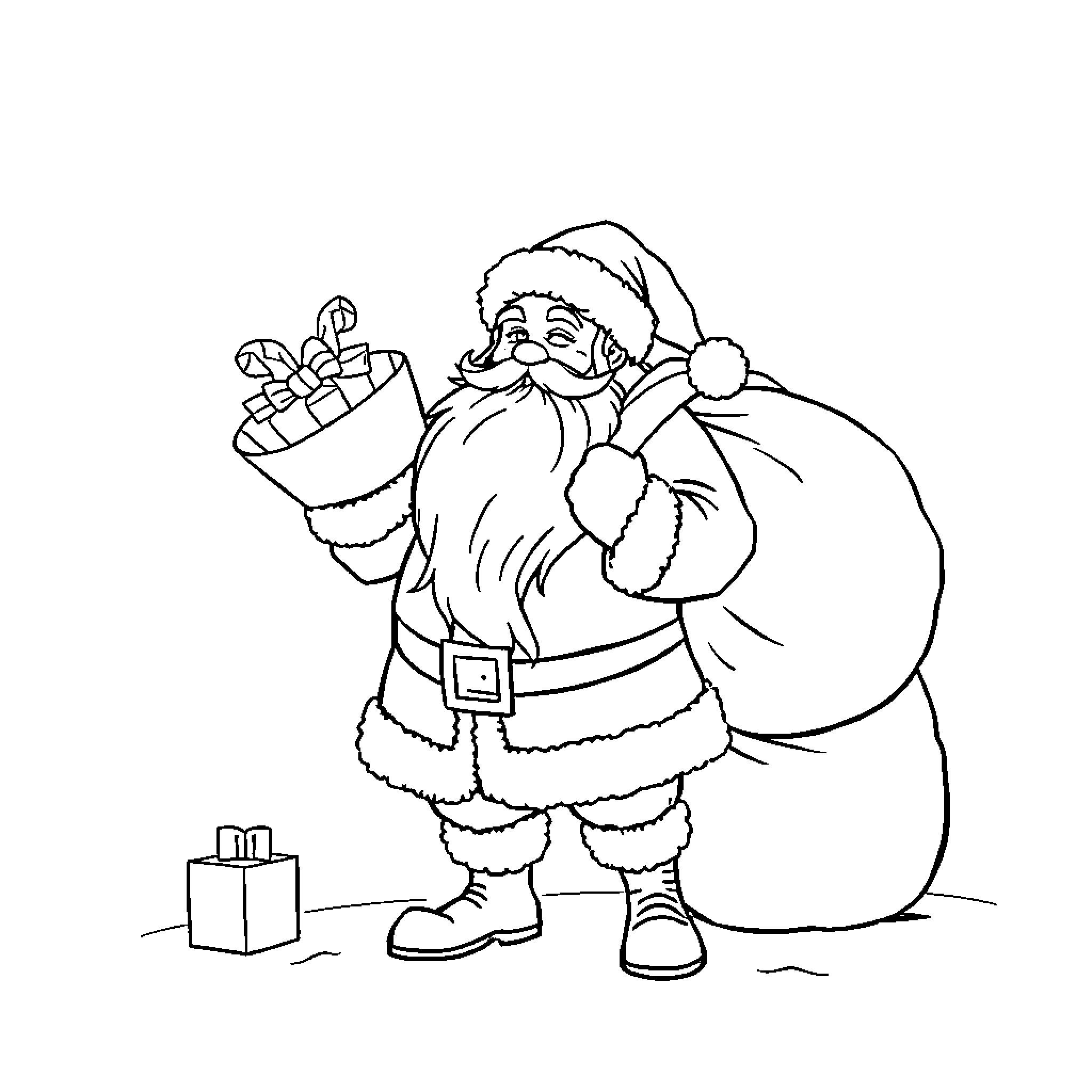 Santa Claus carrying a sack of gifts Coloring Page (free black-and-white line drawing printable PDF for all, from beginners to advanced learners, including children, teens, adults, and seniors)