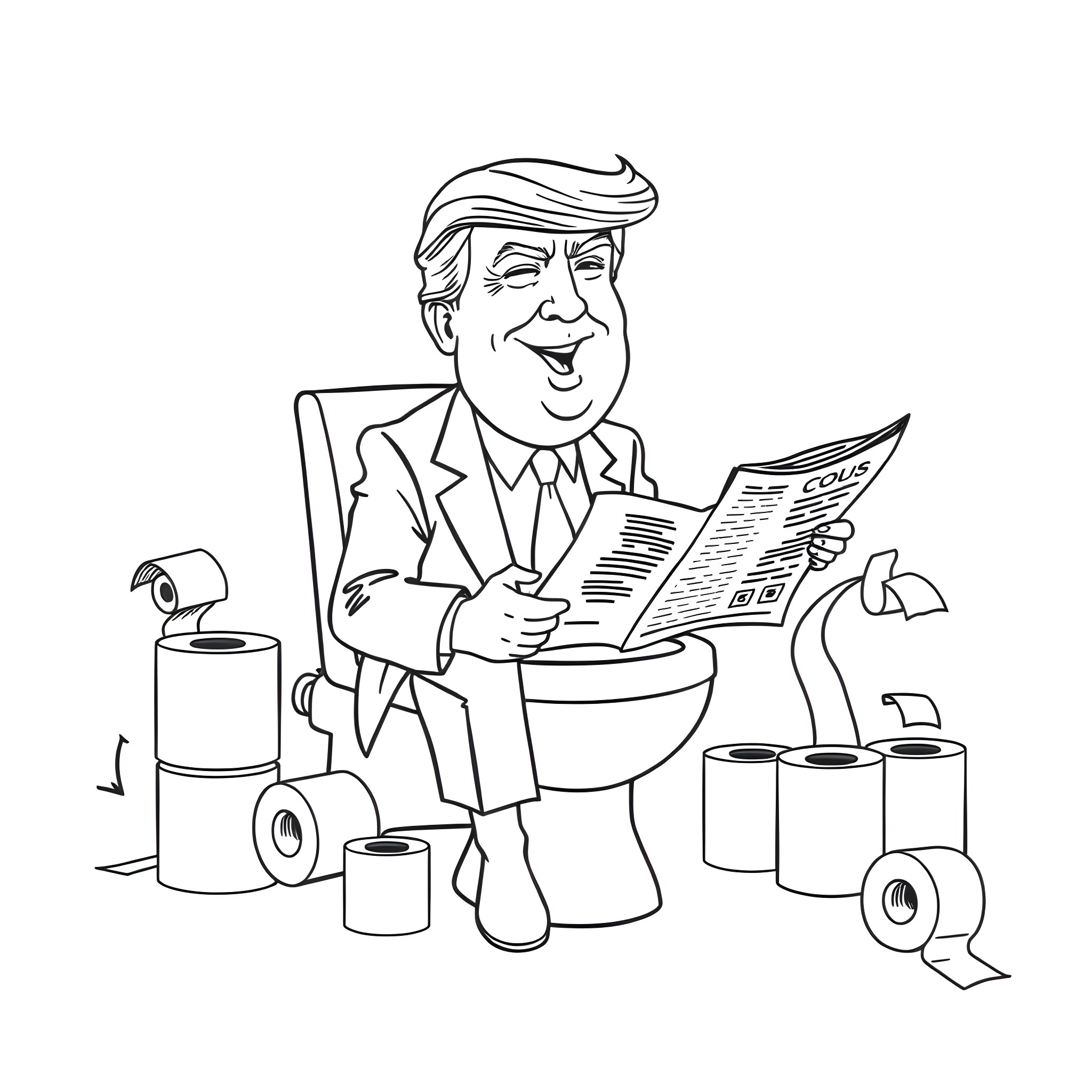 Trump reading newspaper on toilet Coloring Page (free black-and-white line drawing printable PDF for all, from beginners to advanced learners, including children, teens, adults, and seniors)
