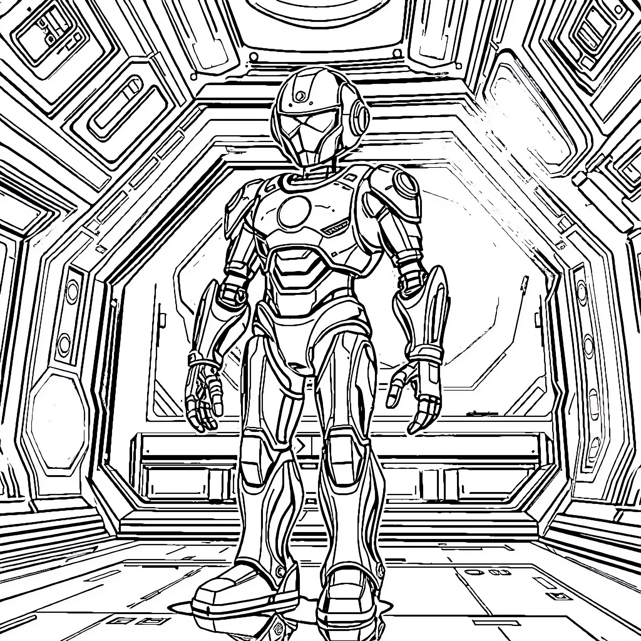 Robot Standing Tall in Futuristic Corridor Coloring Page (free black-and-white line drawing printable PDF for all, from beginners to advanced learners, including children, teens, adults, and seniors)