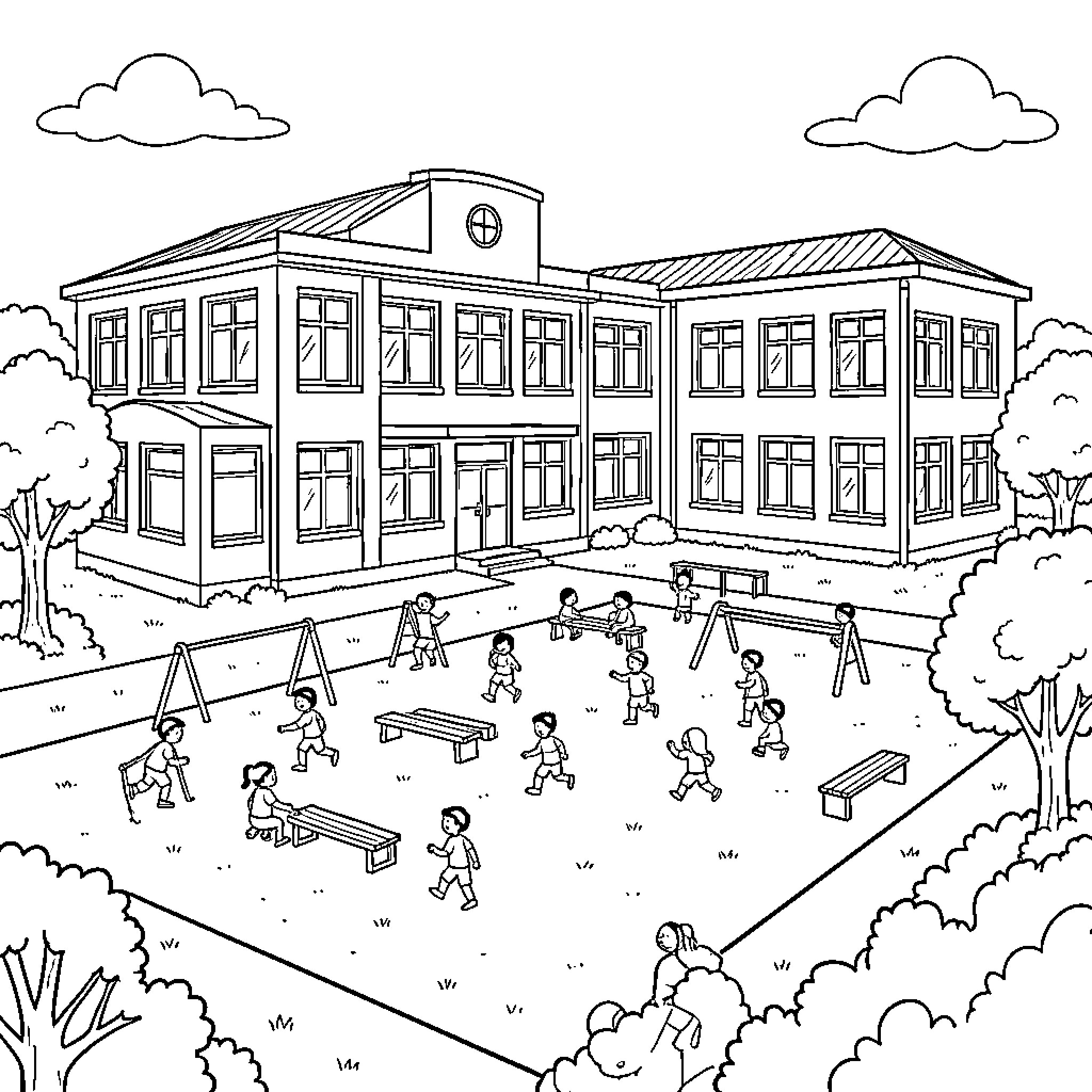 School Supplies showing children playing in the schoolyard Coloring Page (free black-and-white line drawing printable PDF for all, from beginners to advanced learners, including children, teens, adults, and seniors)