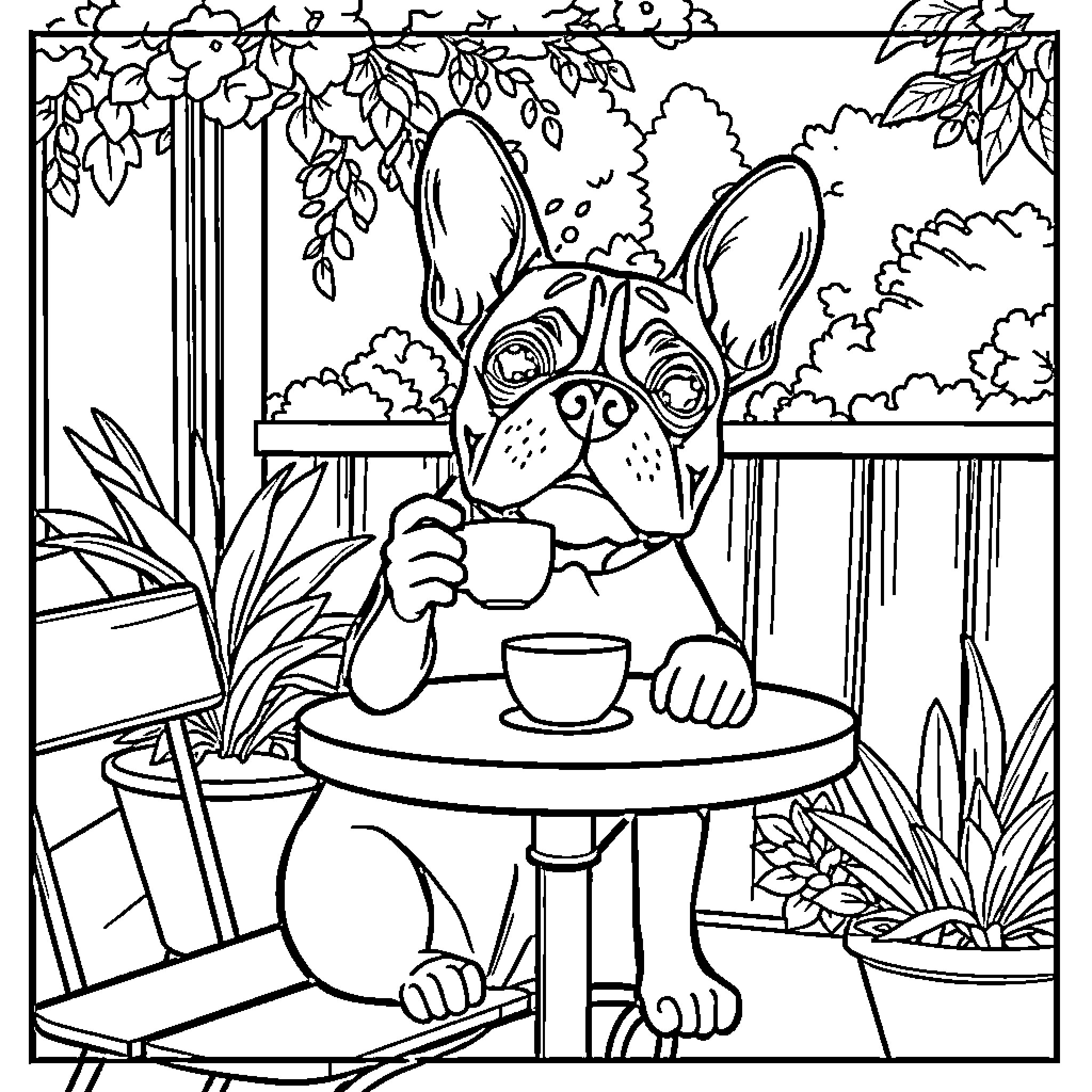 Boston Terrier enjoying a relaxing day in the park Coloring Page (free black-and-white line drawing printable PDF for all, from beginners to advanced learners, including children, teens, adults, and seniors)