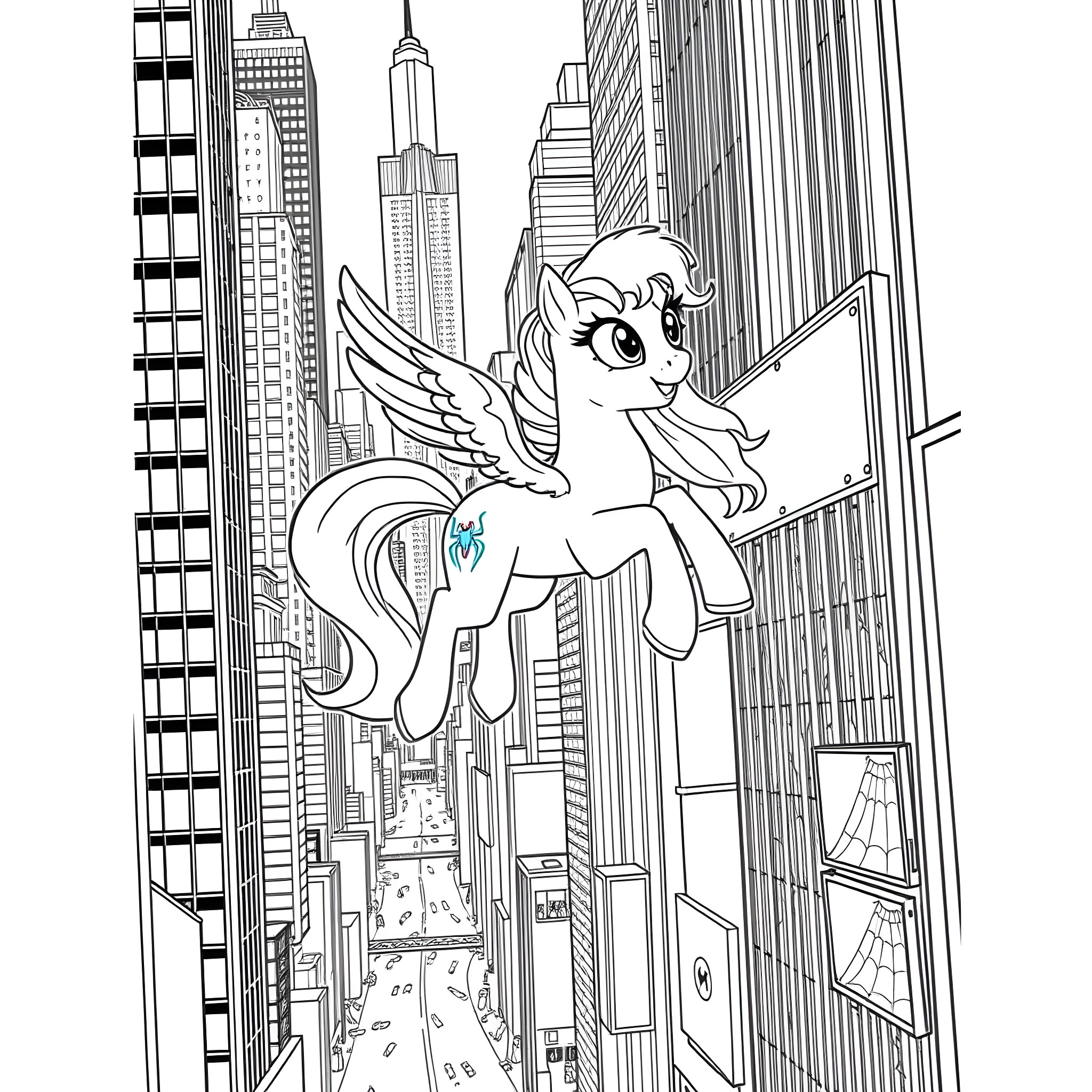 Pony flying over the city skyline Coloring Page (free black-and-white line drawing printable PDF for all, from beginners to advanced learners, including children, teens, adults, and seniors)