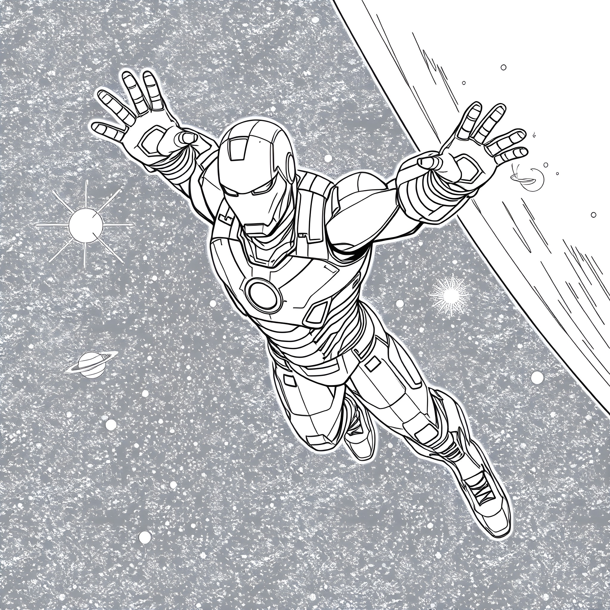 Ironman flying in action pose against cosmic background Coloring Page (free black-and-white line drawing printable PDF for all, from beginners to advanced learners, including children, teens, adults, and seniors)