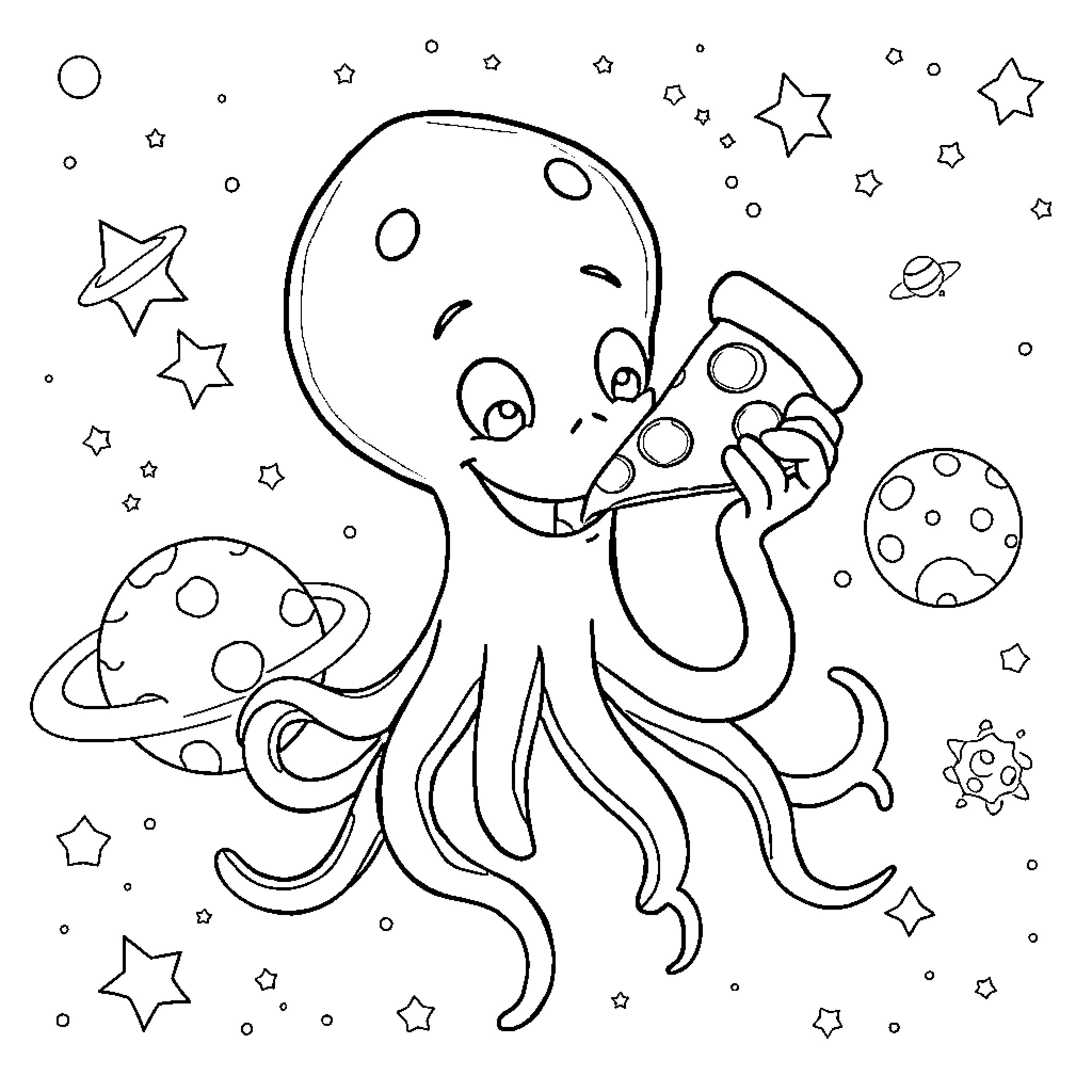 Squid playing among the stars Coloring Page (free black-and-white line drawing printable PDF for all, from beginners to advanced learners, including children, teens, adults, and seniors)