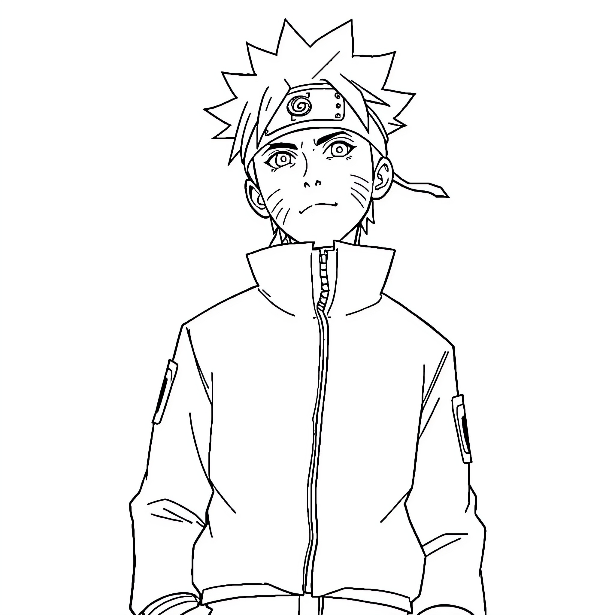 Naruto depicted in heroic stance Coloring Page (free black-and-white line drawing printable PDF for all, from beginners to advanced learners, including children, teens, adults, and seniors)