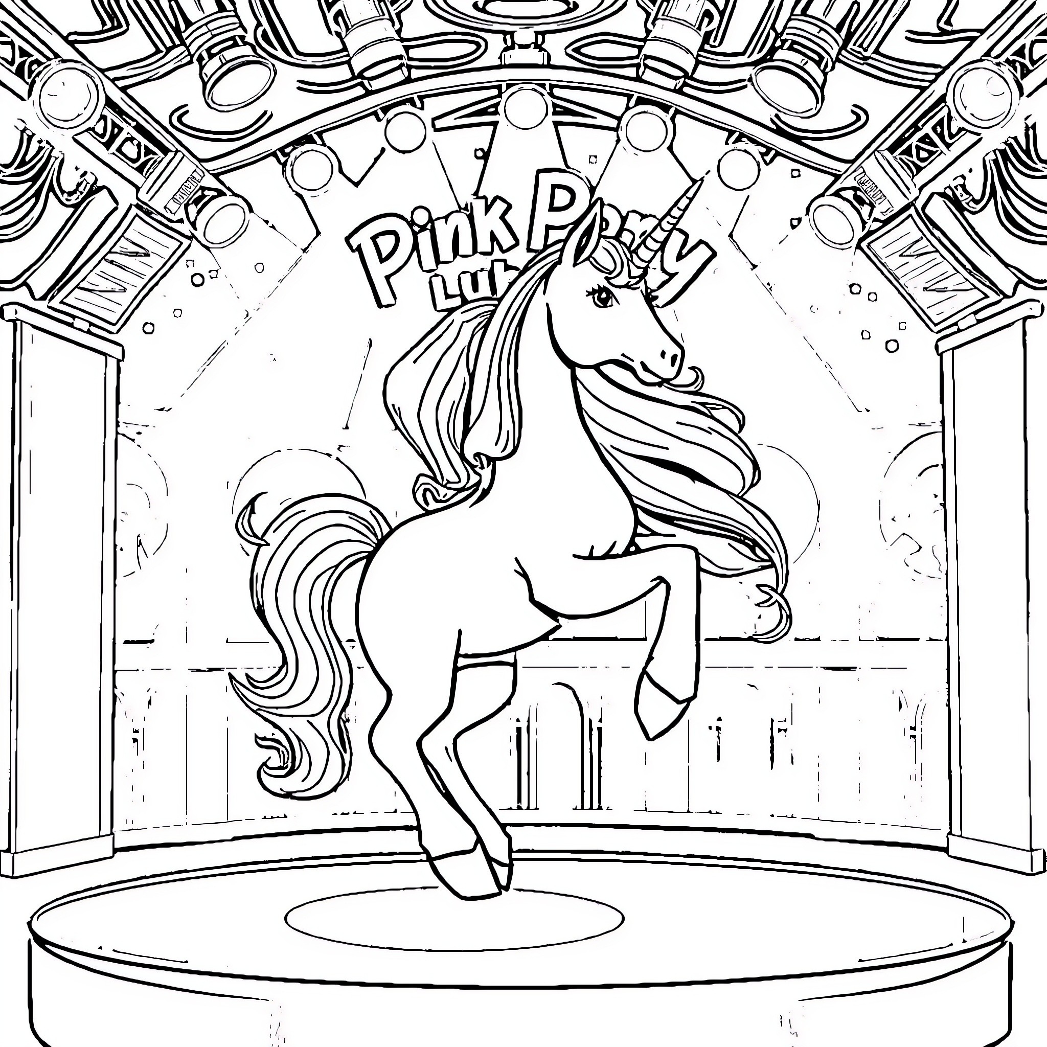 Pony performing at the Pink Pony Circus Coloring Page (free black-and-white line drawing printable PDF for all, from beginners to advanced learners, including children, teens, adults, and seniors)