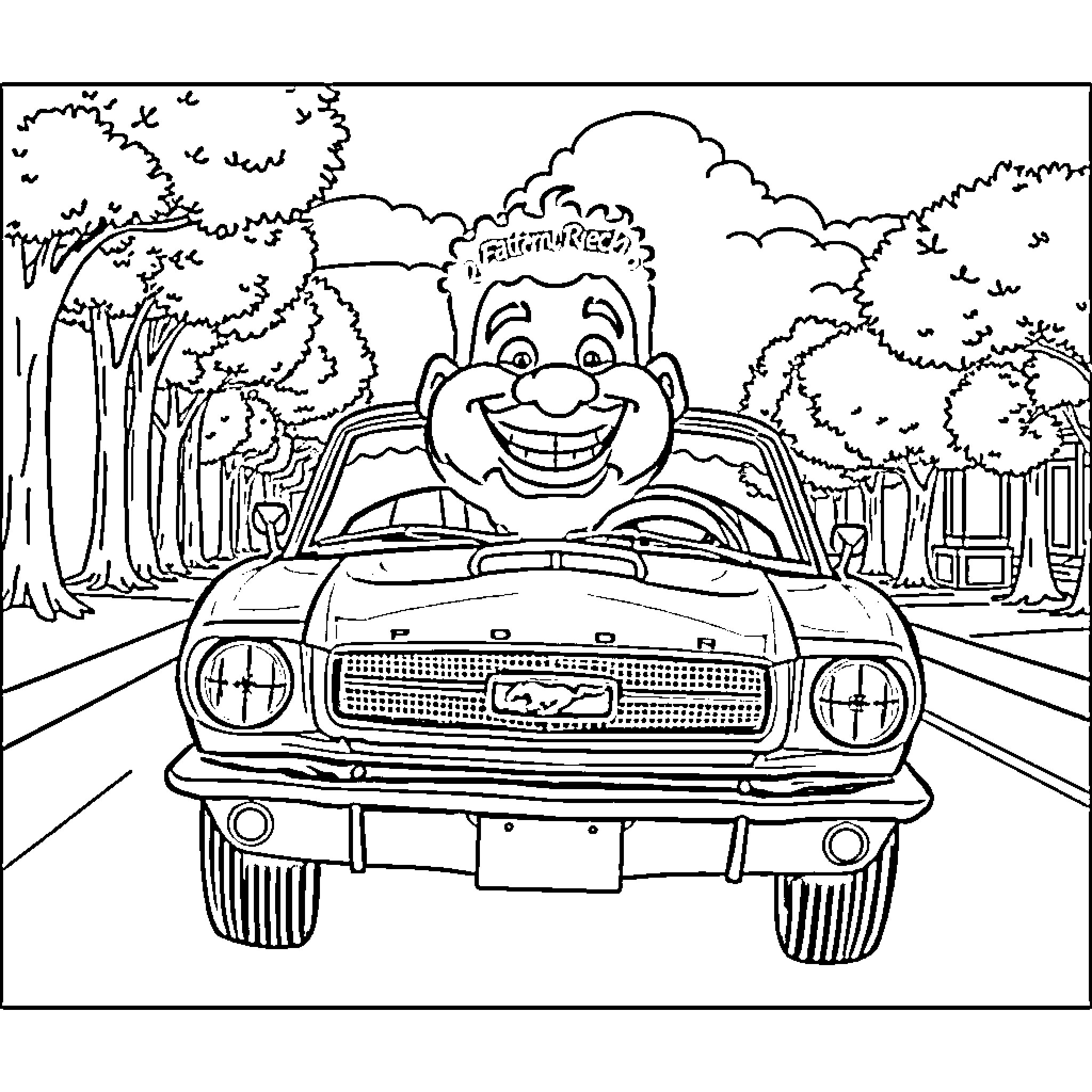 Fat Albert driving a classic car through the forest Coloring Page (free black-and-white line drawing printable PDF for all, from beginners to advanced learners, including children, teens, adults, and seniors)