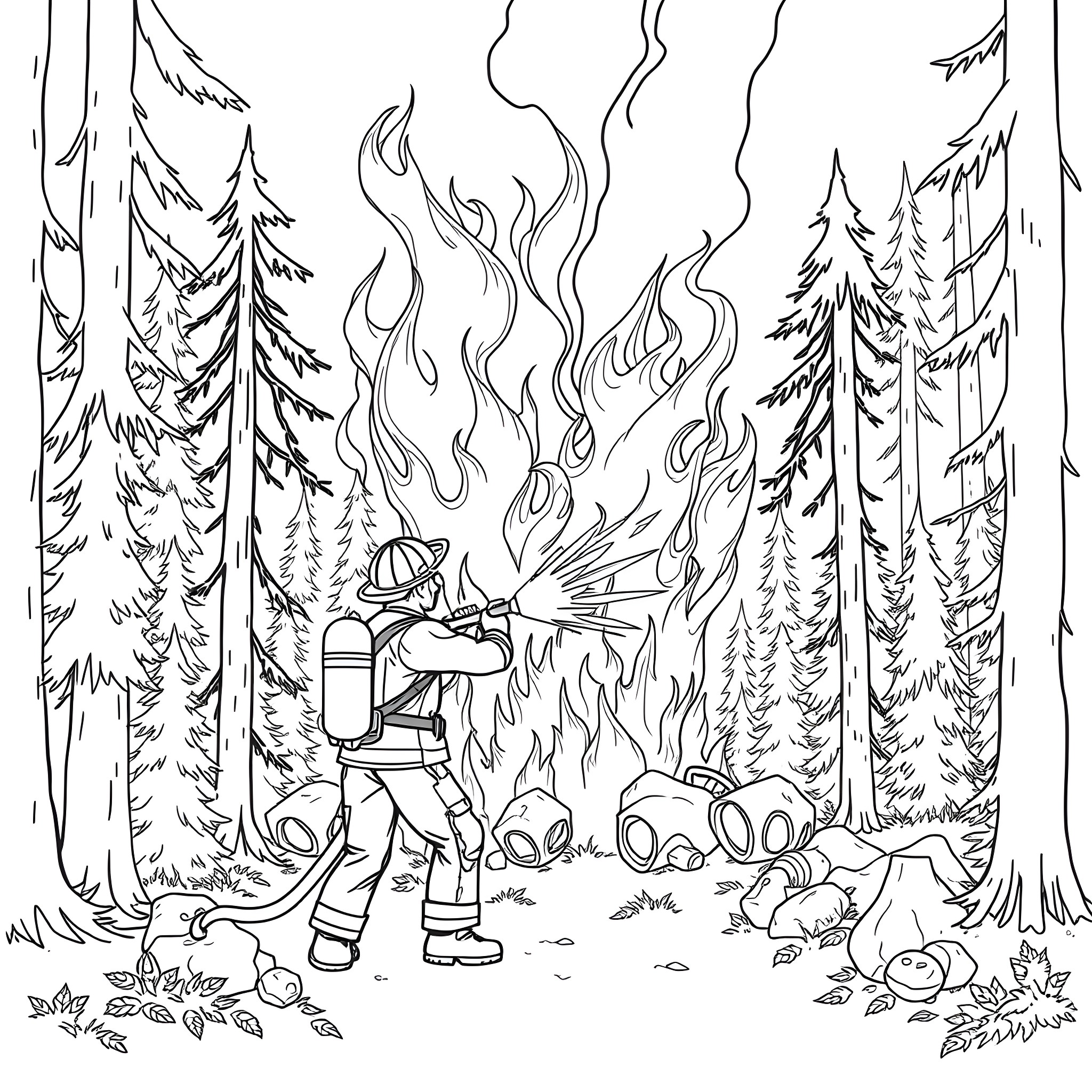 Fireman fighting a forest fire in the woods Coloring Page (free black-and-white line drawing printable PDF for all, from beginners to advanced learners, including children, teens, adults, and seniors)