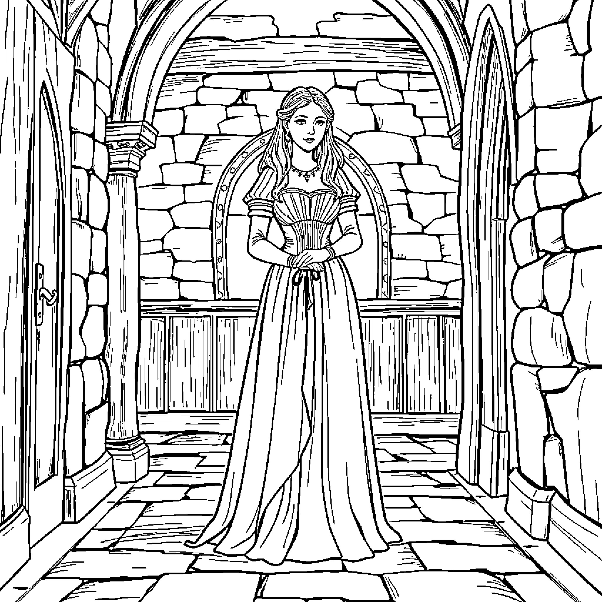 Lady in Elegant Dress Stands in Castle Doorway Coloring Page (free black-and-white line drawing printable PDF for all, from beginners to advanced learners, including children, teens, adults, and seniors)