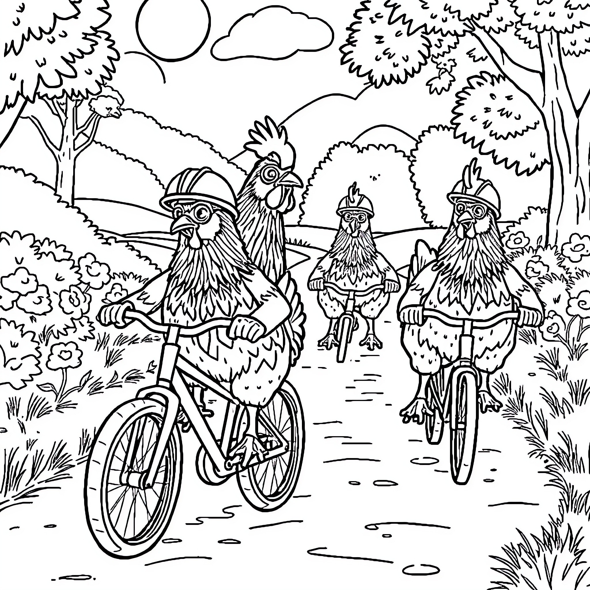 Chicken family enjoys bike ride in nature Coloring Page (free black-and-white line drawing printable PDF for all, from beginners to advanced learners, including children, teens, adults, and seniors)