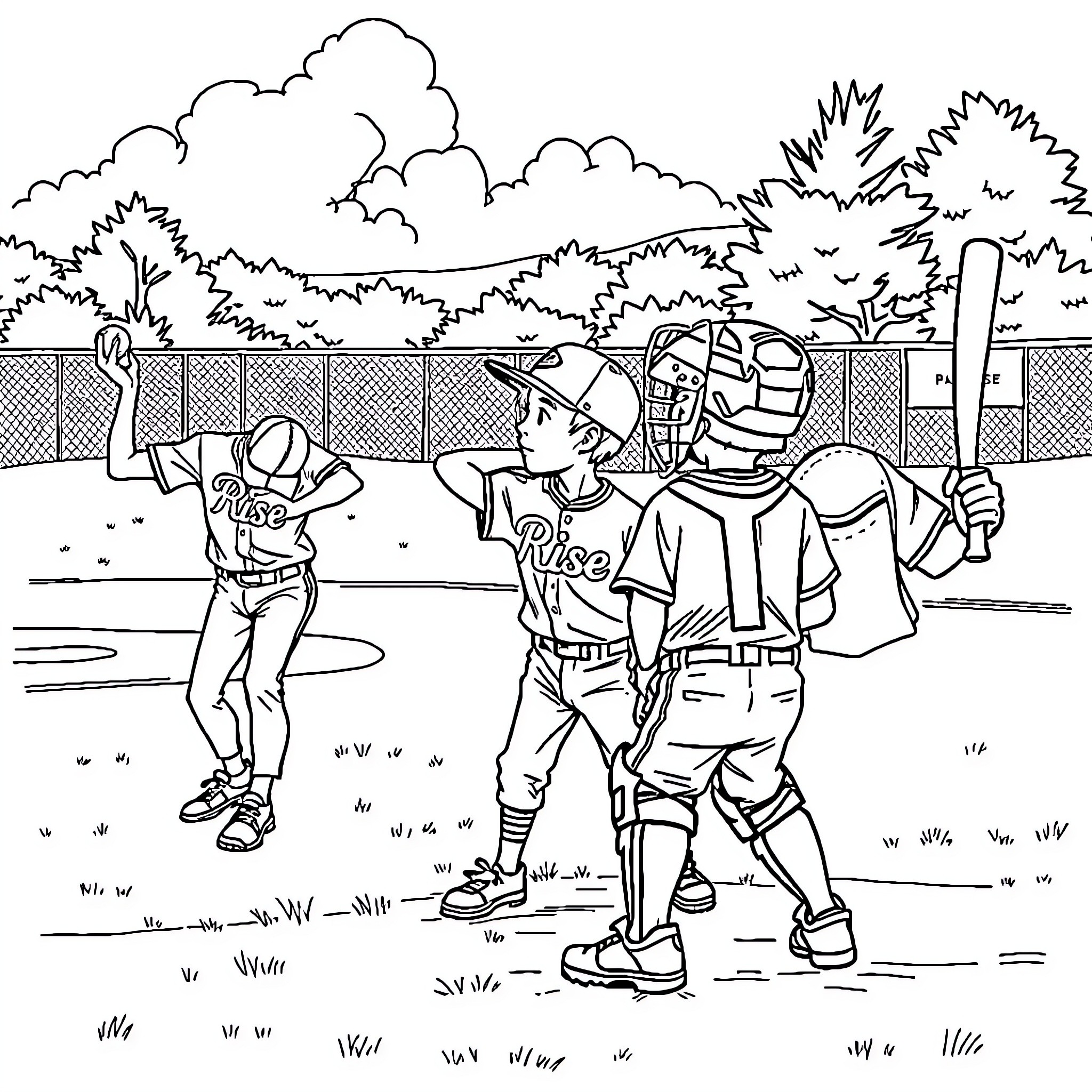 Baseball players in action on the field Coloring Page (free black-and-white line drawing printable PDF for all, from beginners to advanced learners, including children, teens, adults, and seniors)