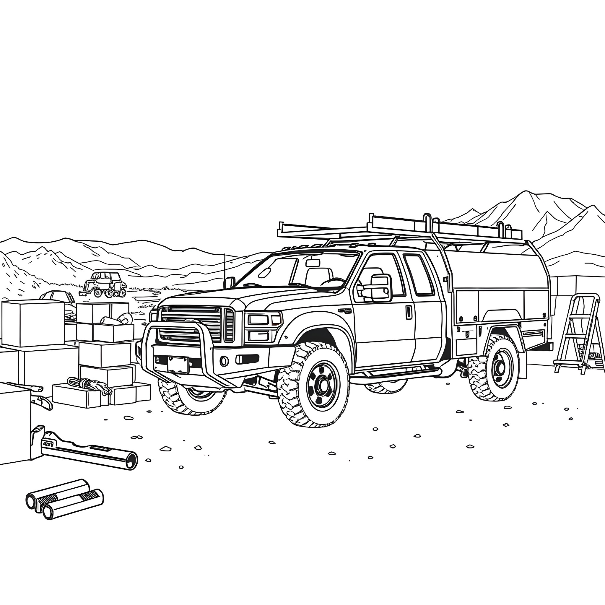 Truck carrying gear in rugged outdoor scene Coloring Page (free black-and-white line drawing printable PDF for all, from beginners to advanced learners, including children, teens, adults, and seniors)